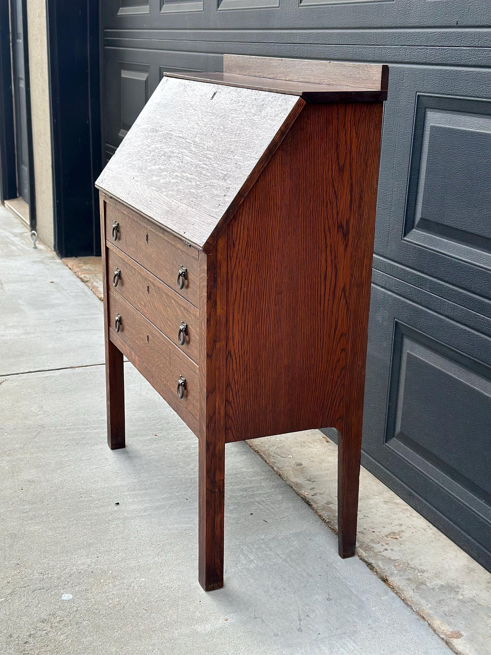 Vintage Early 20th Century Quarter Sawn Oak Drop Front Desk with Drawers - Solid Wood Accent Chest with Ring Pulls
