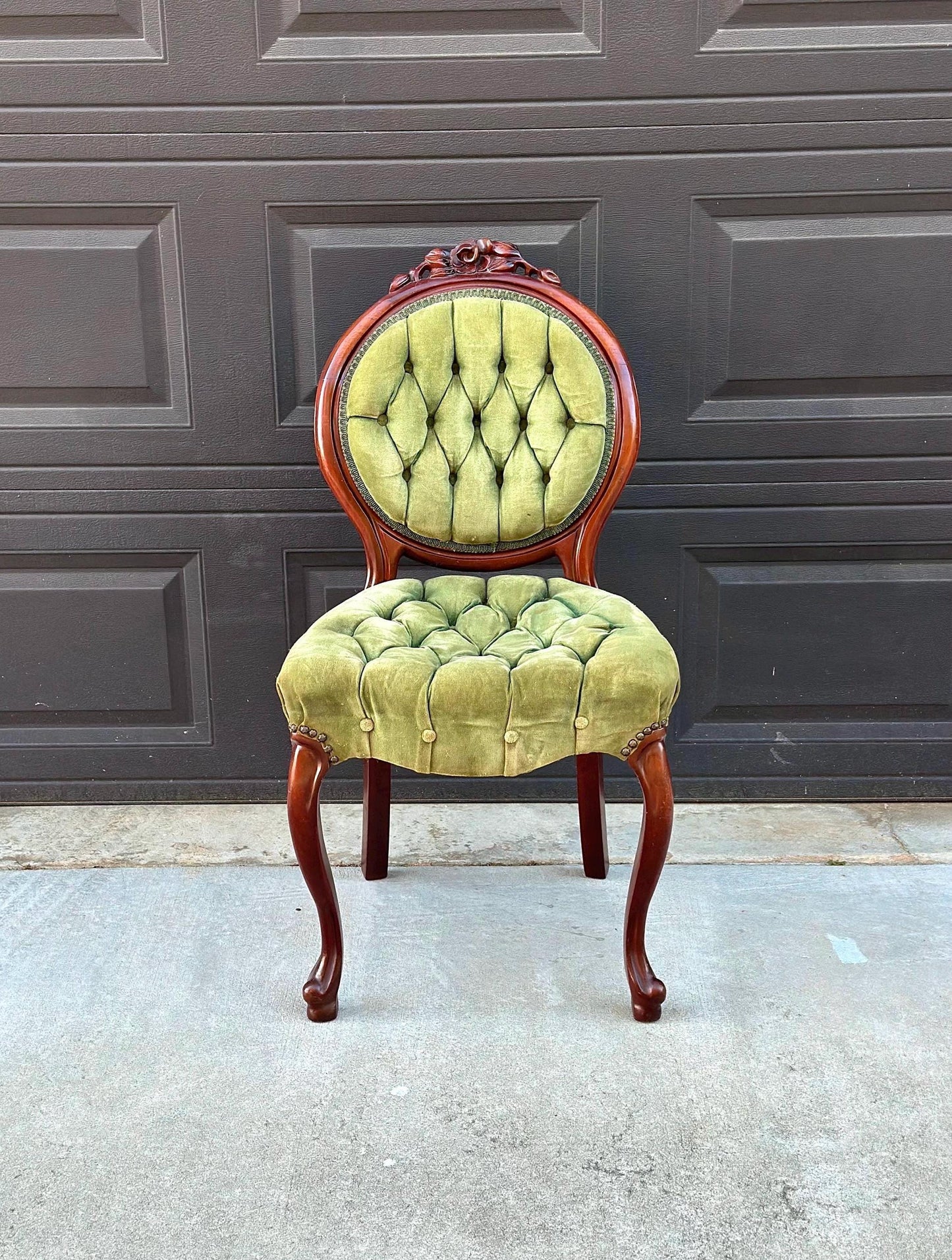 Vintage Early 20th Century Mahogany Wood & Upholstered Green Accent Chair