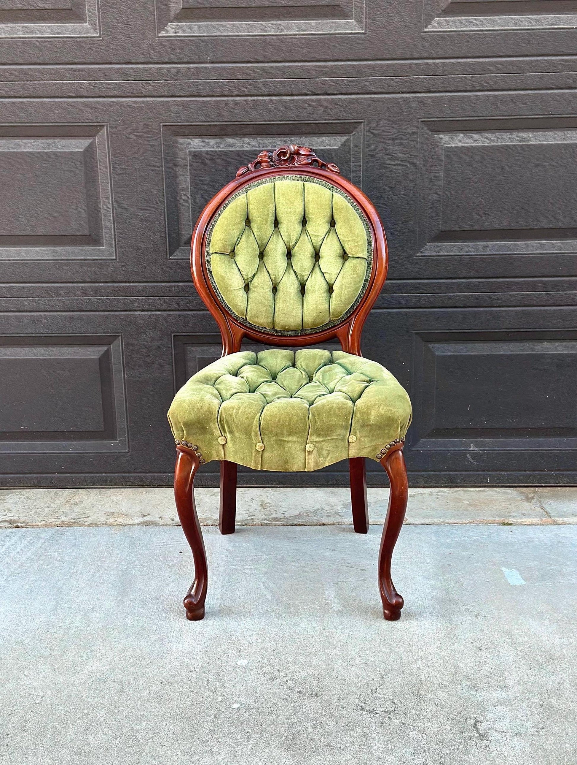 Vintage Early 20th Century Mahogany Wood & Upholstered Green Accent Chair