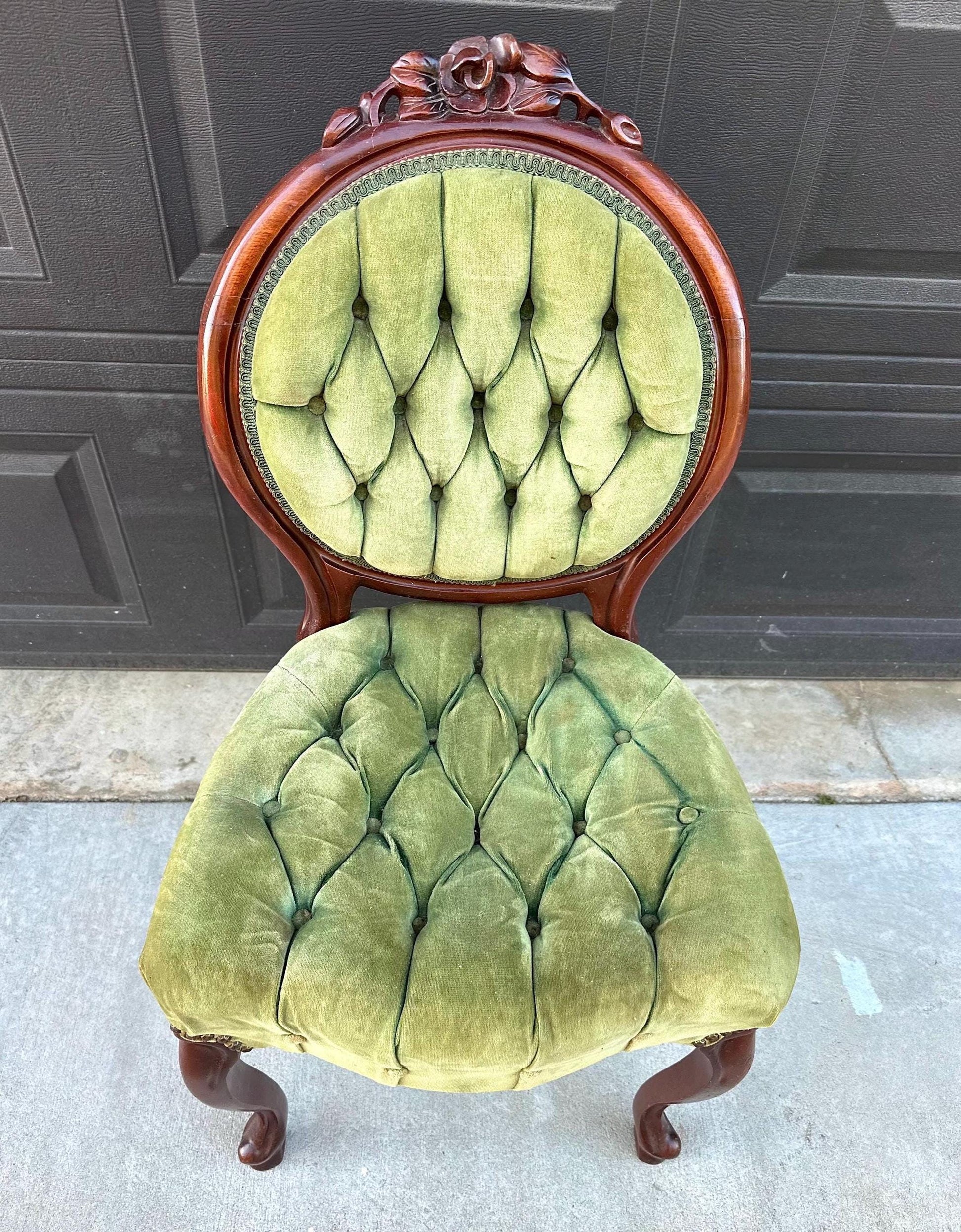 Vintage Early 20th Century Mahogany Wood & Upholstered Green Accent Chair
