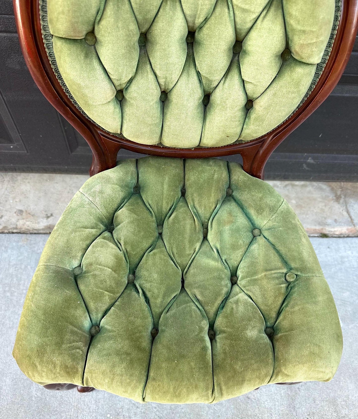 Vintage Early 20th Century Mahogany Wood & Upholstered Green Accent Chair