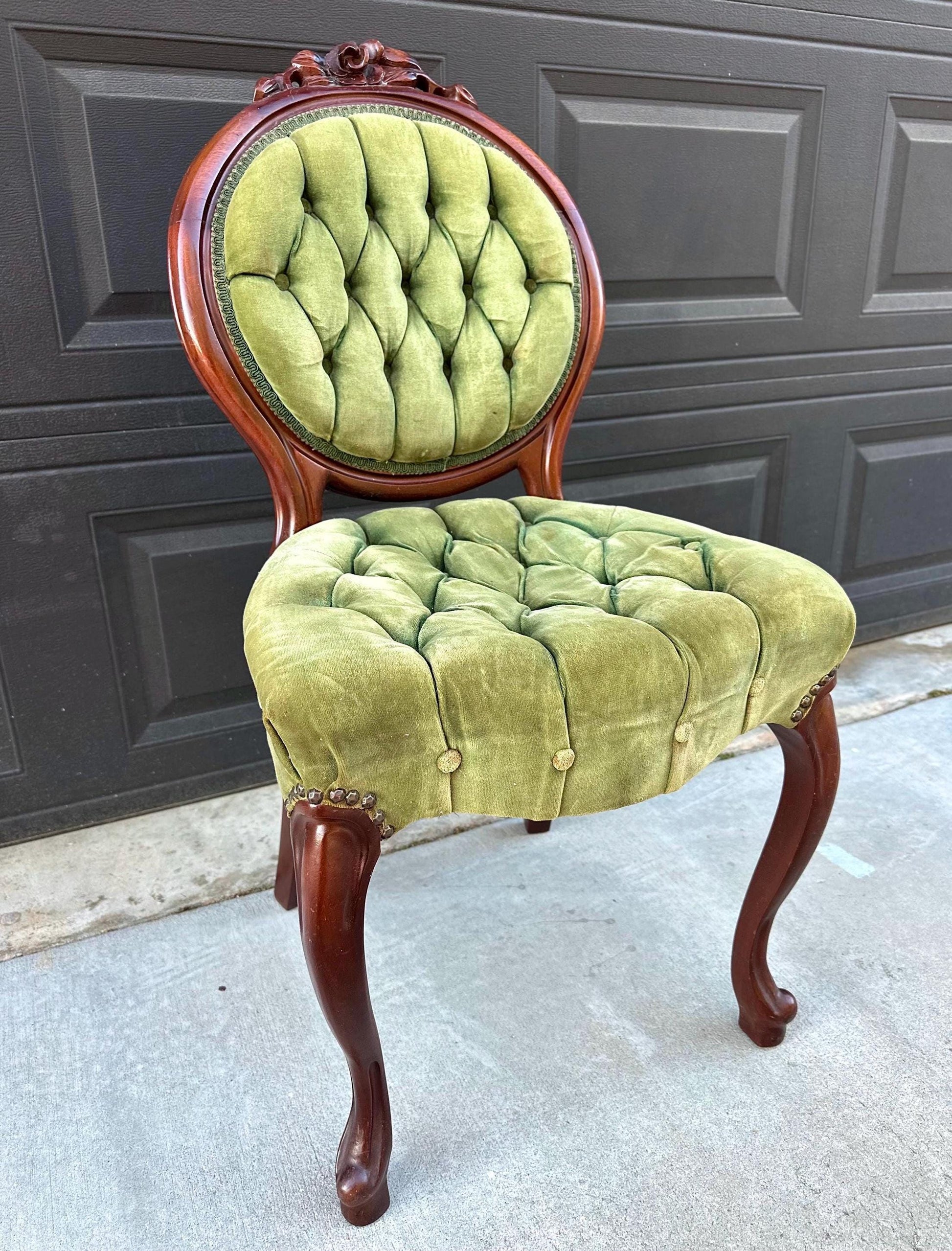 Vintage Early 20th Century Mahogany Wood & Upholstered Green Accent Chair