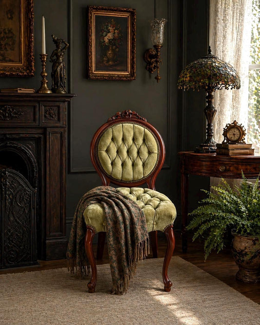 Vintage Early 20th Century Mahogany Wood & Upholstered Green Accent Chair