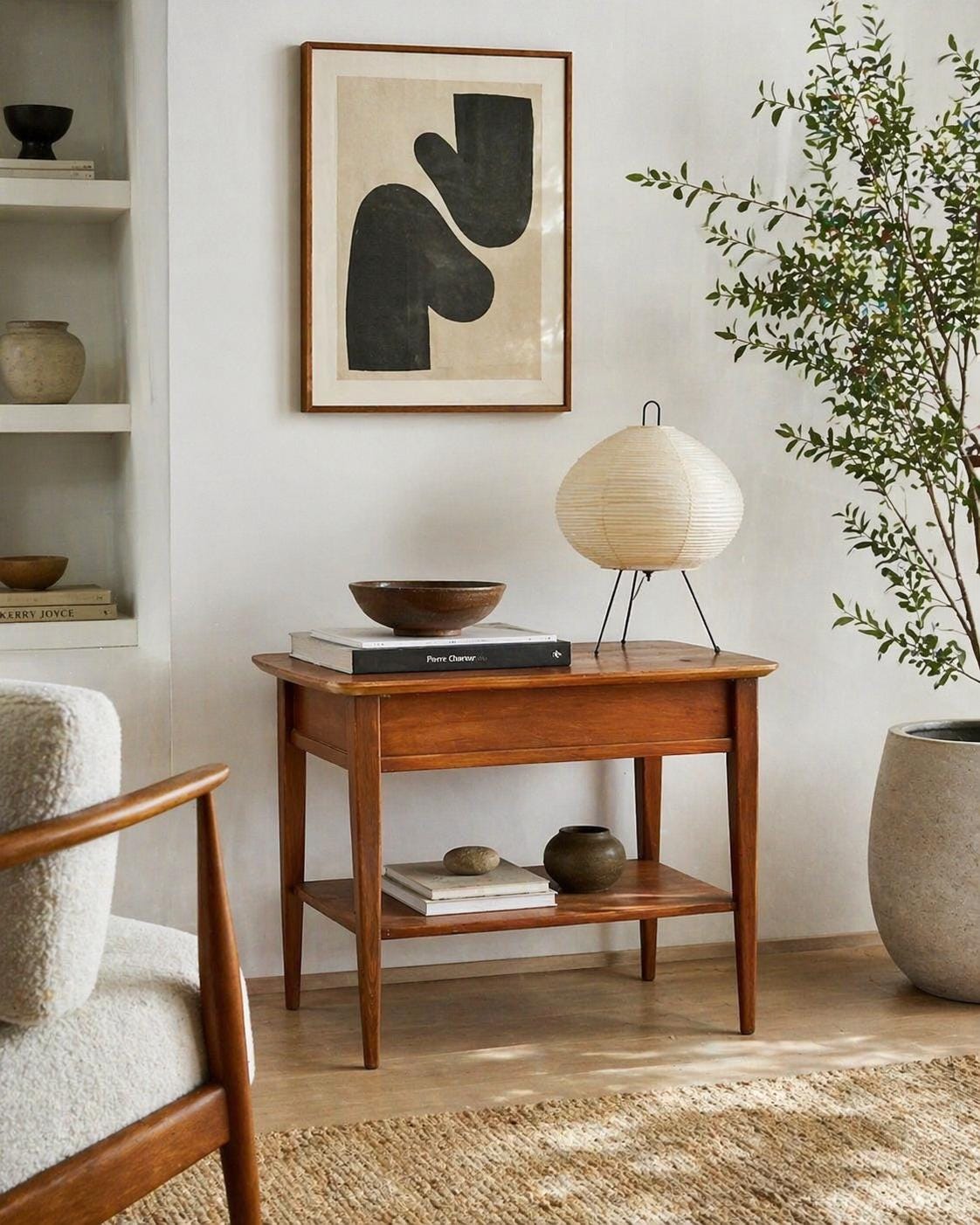 Vintage Mid Century Modern Walnut Side Table Burl Inlay Top – End Table with Shelf Storage