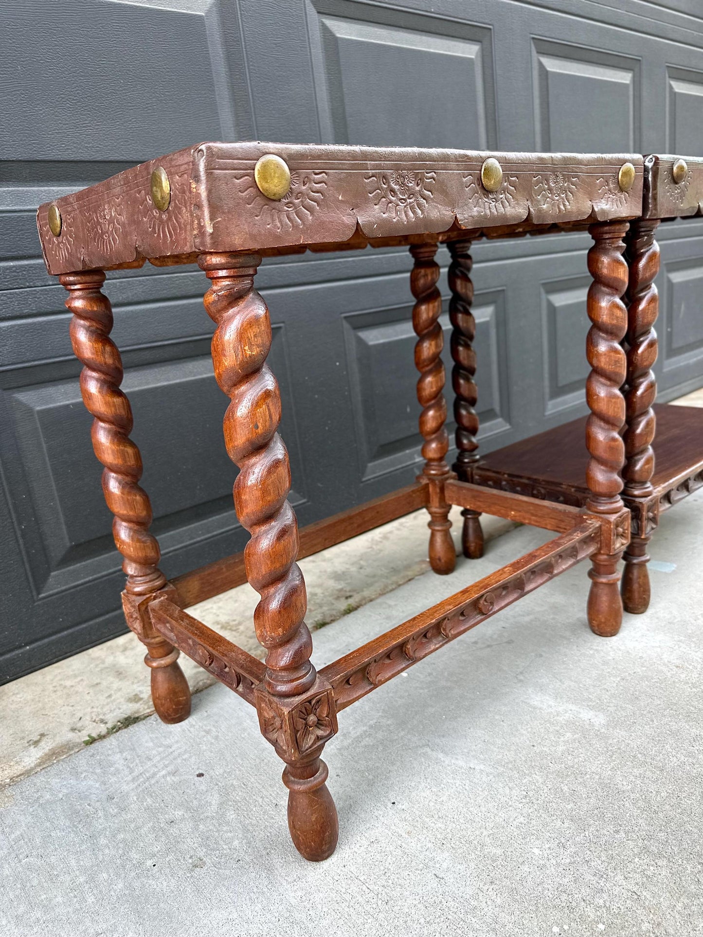 Antique Early 1900s Etched Andean Leather & Mahogany Barley Twist Side Tables - a Pair
