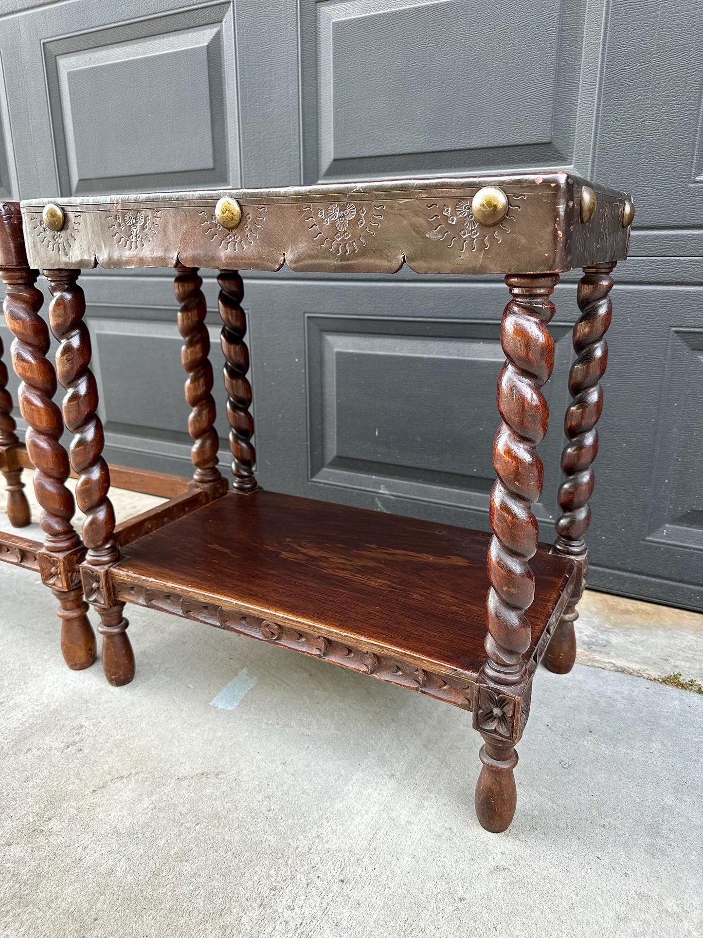 Antique Early 1900s Etched Andean Leather & Mahogany Barley Twist Side Tables - a Pair
