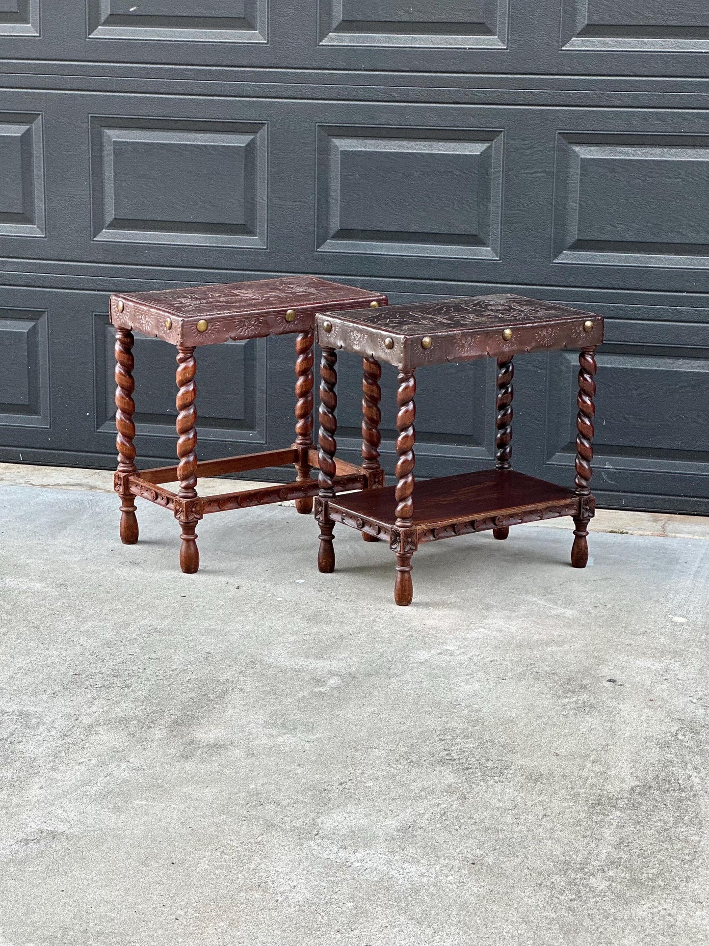 Antique Early 1900s Etched Andean Leather & Mahogany Barley Twist Side Tables - a Pair
