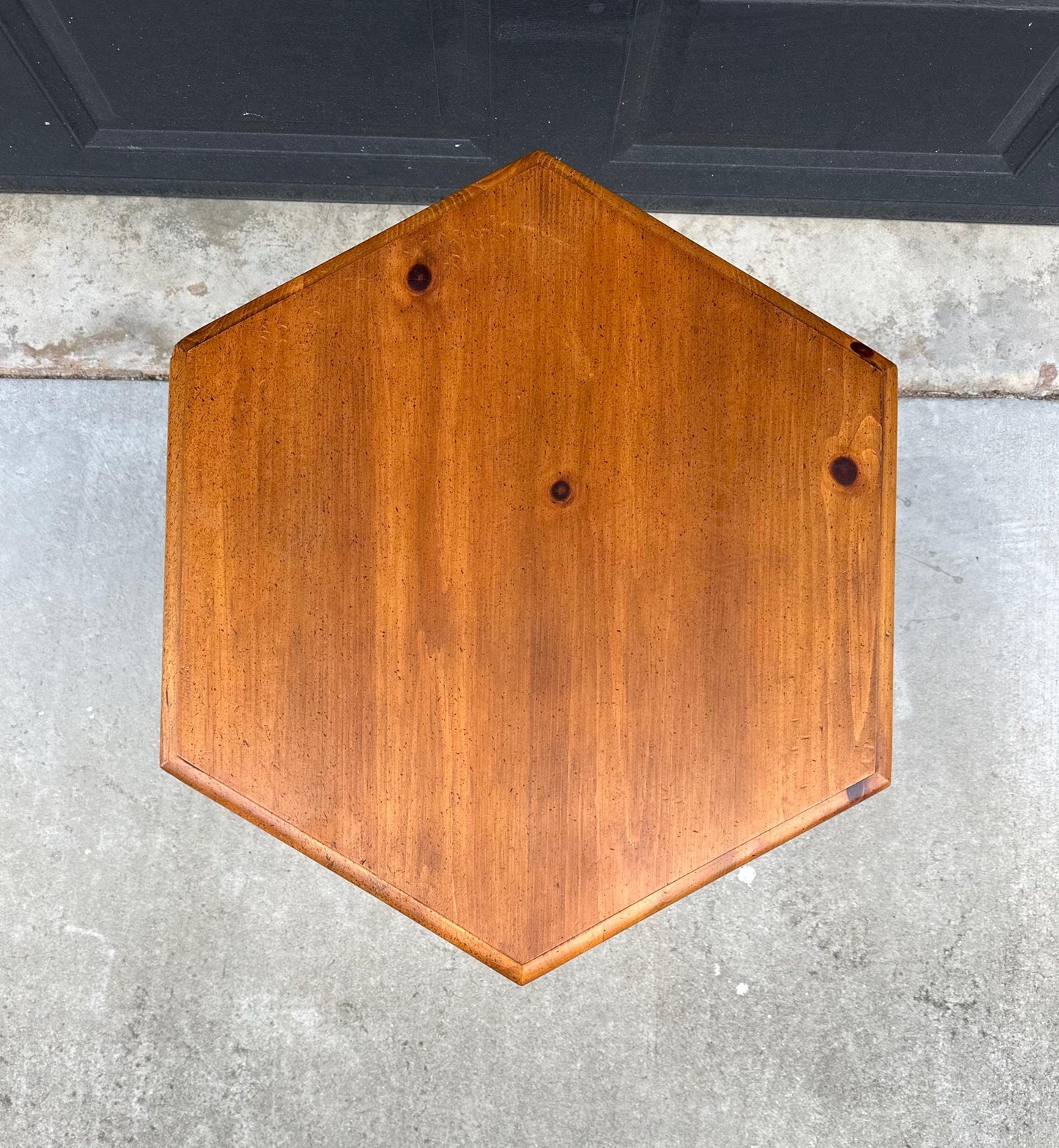 Vintage Mid Century Hexagonal Solid Pine Wood End Table with Cabinet 24" Wide