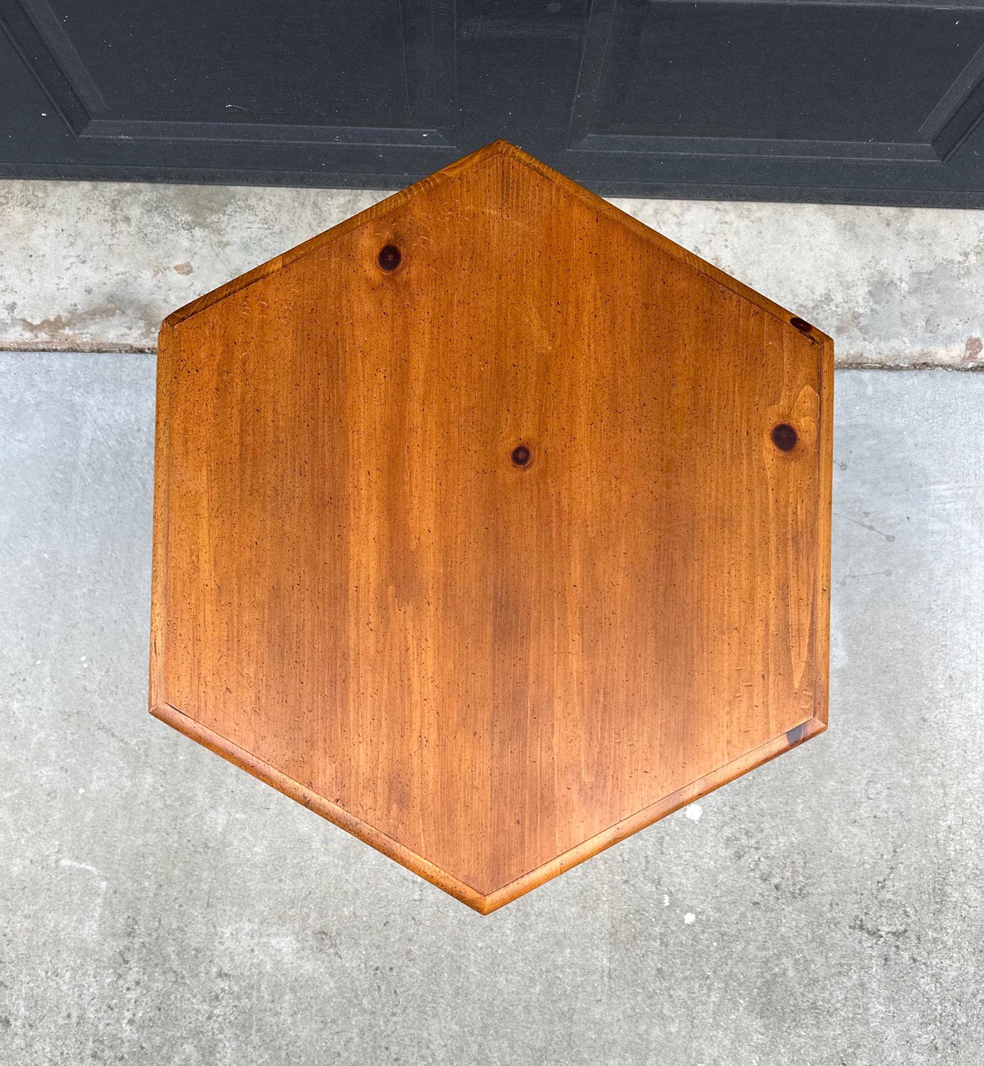 Vintage Mid Century Hexagonal Solid Pine Wood End Table with Cabinet 24" Wide
