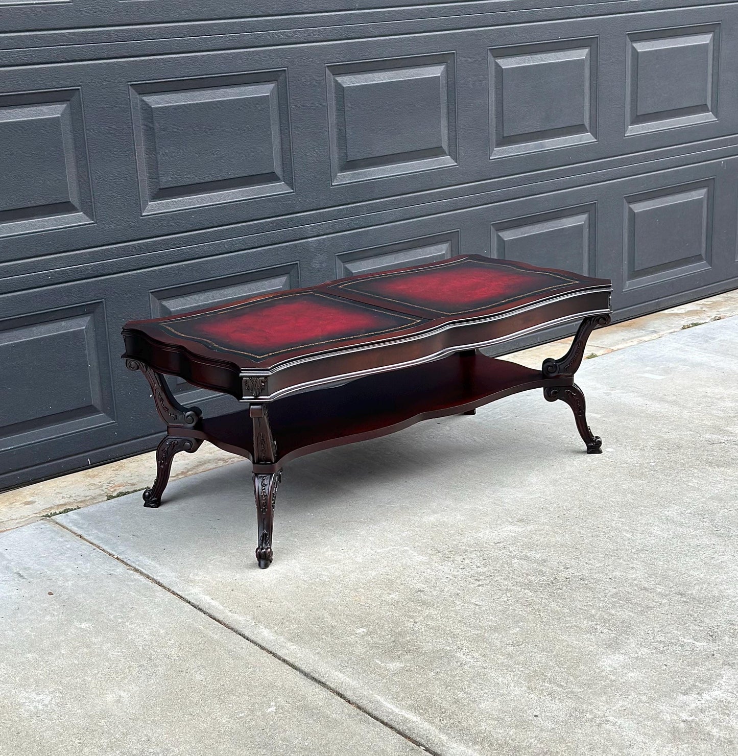 Vintage Early 20th C Carved Mahogany & Inset Leather Open Shelf Solid Wood Coffee Table
