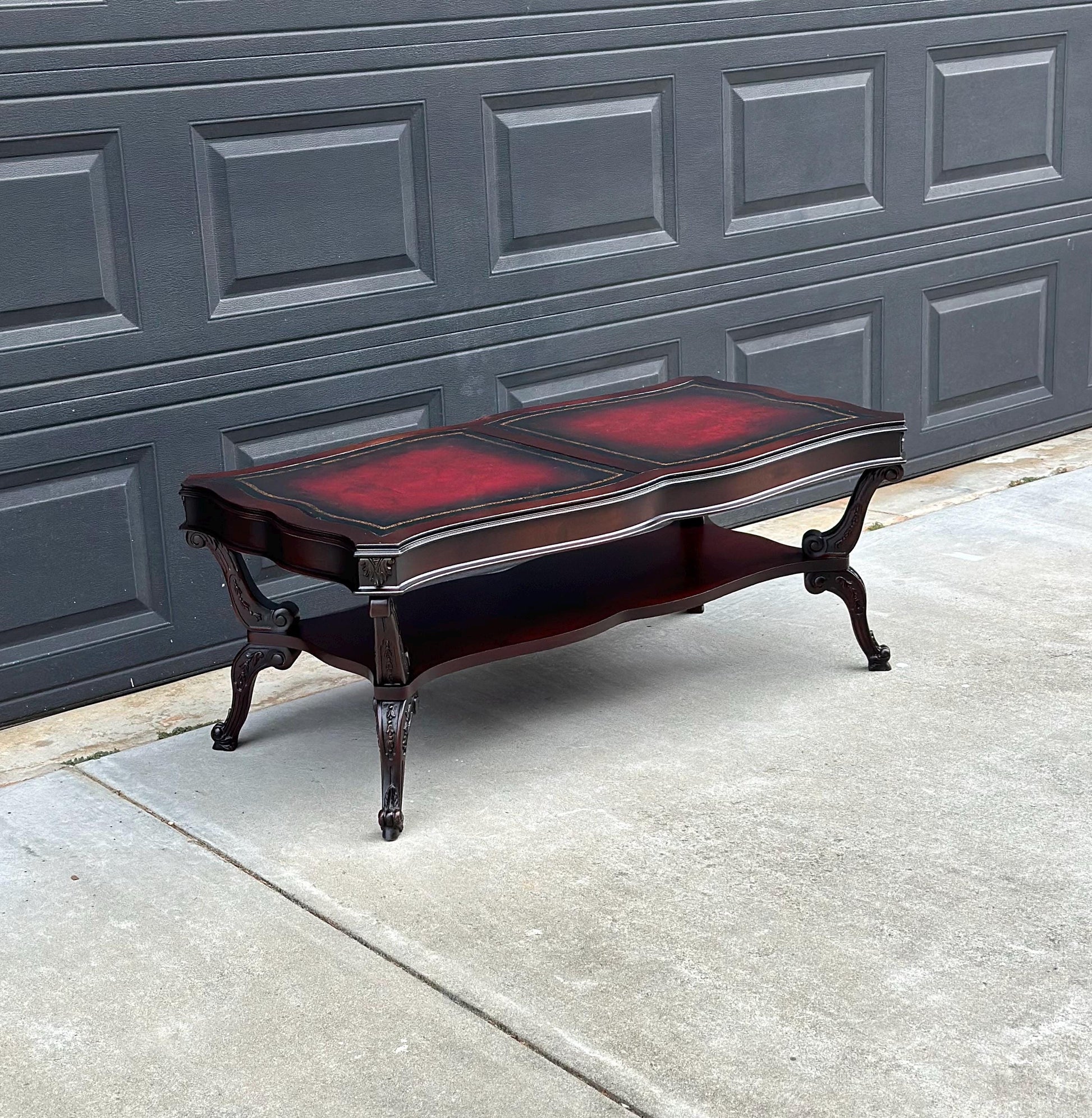 Vintage Early 20th C Carved Mahogany & Inset Leather Open Shelf Solid Wood Coffee Table