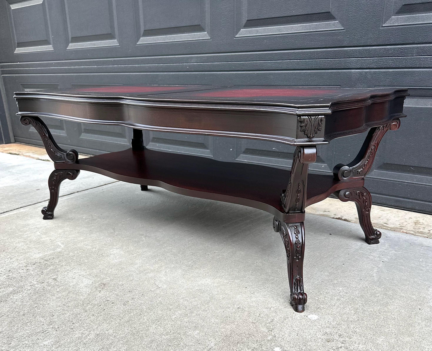 Vintage Early 20th C Carved Mahogany & Inset Leather Open Shelf Solid Wood Coffee Table