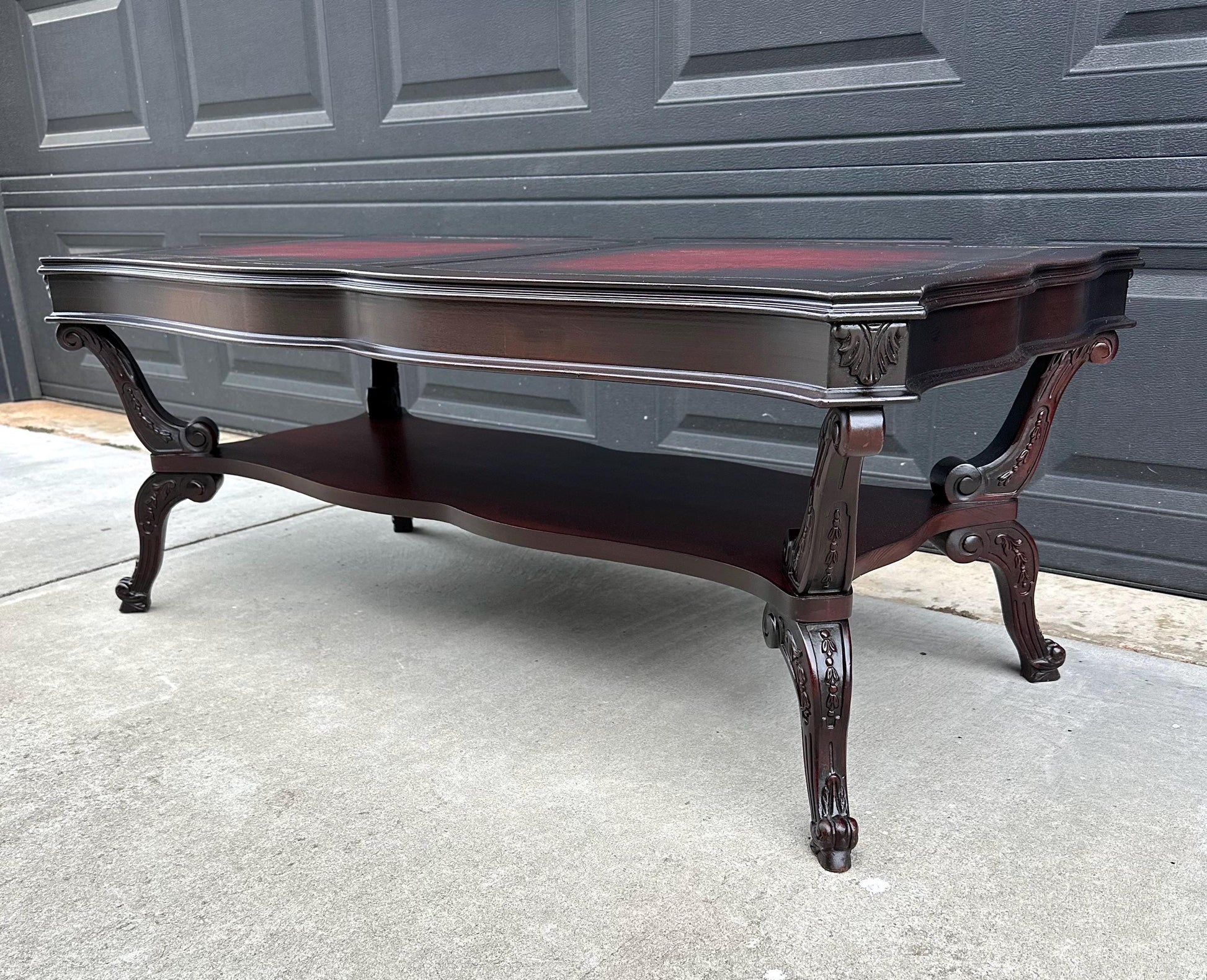 Vintage Early 20th C Carved Mahogany & Inset Leather Open Shelf Solid Wood Coffee Table