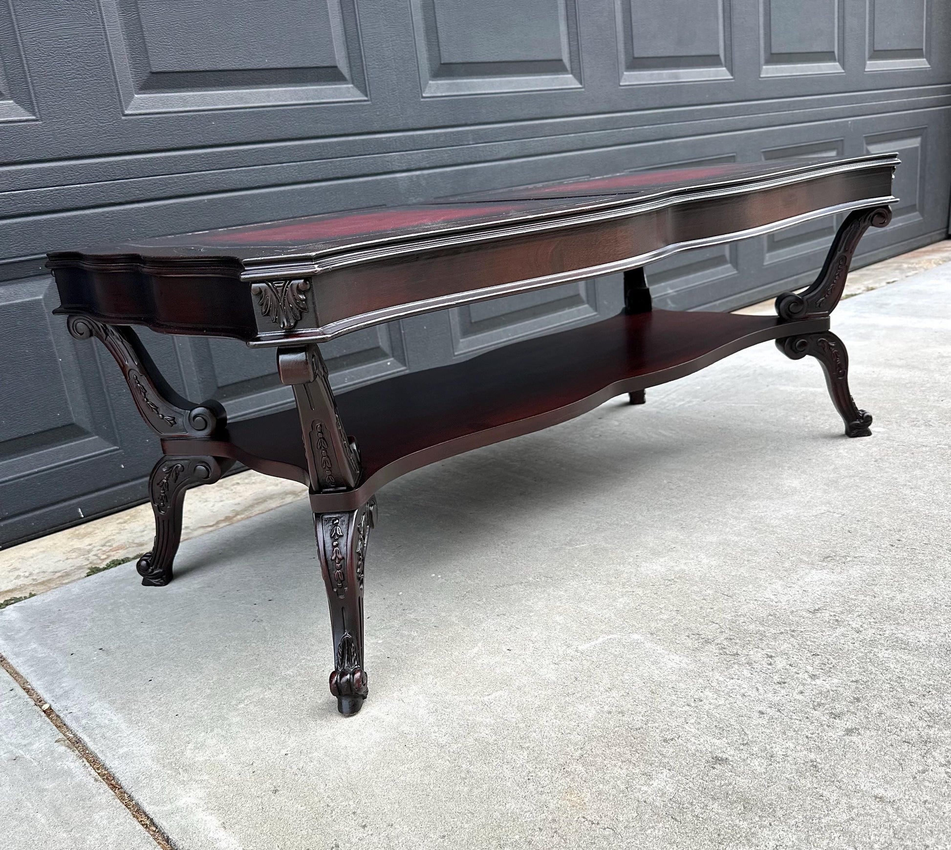 Vintage Early 20th C Carved Mahogany & Inset Leather Open Shelf Solid Wood Coffee Table