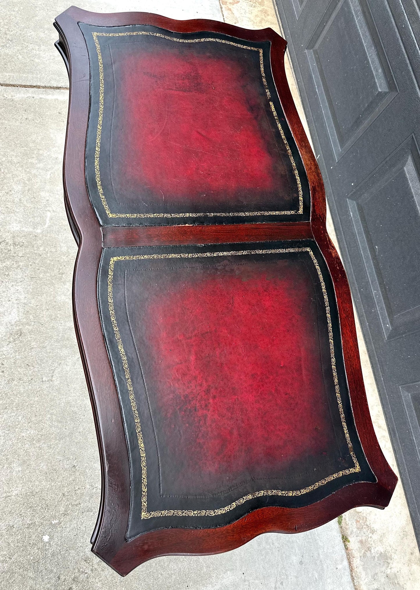 Vintage Early 20th C Carved Mahogany & Inset Leather Open Shelf Solid Wood Coffee Table