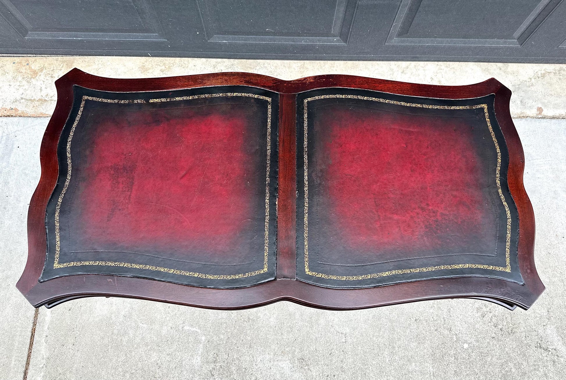 Vintage Early 20th C Carved Mahogany & Inset Leather Open Shelf Solid Wood Coffee Table