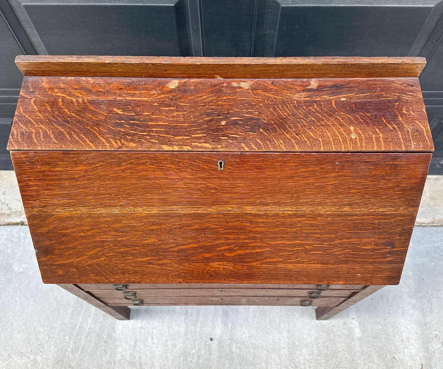 Vintage Early 20th Century Quarter Sawn Oak Drop Front Desk with Drawers - Solid Wood Accent Chest with Ring Pulls