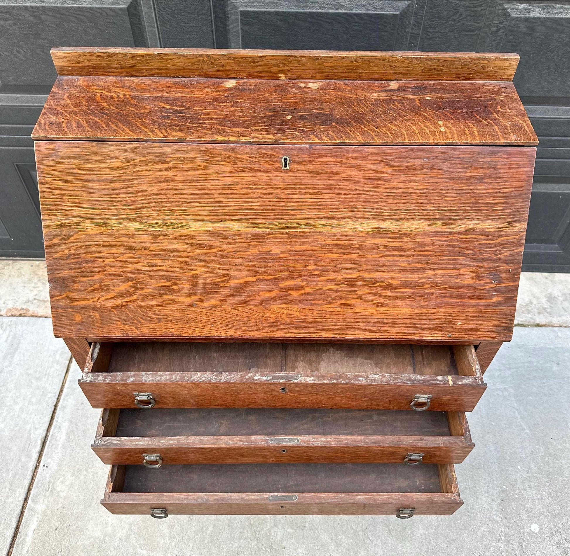 Vintage Early 20th Century Quarter Sawn Oak Drop Front Desk with Drawers - Solid Wood Accent Chest with Ring Pulls