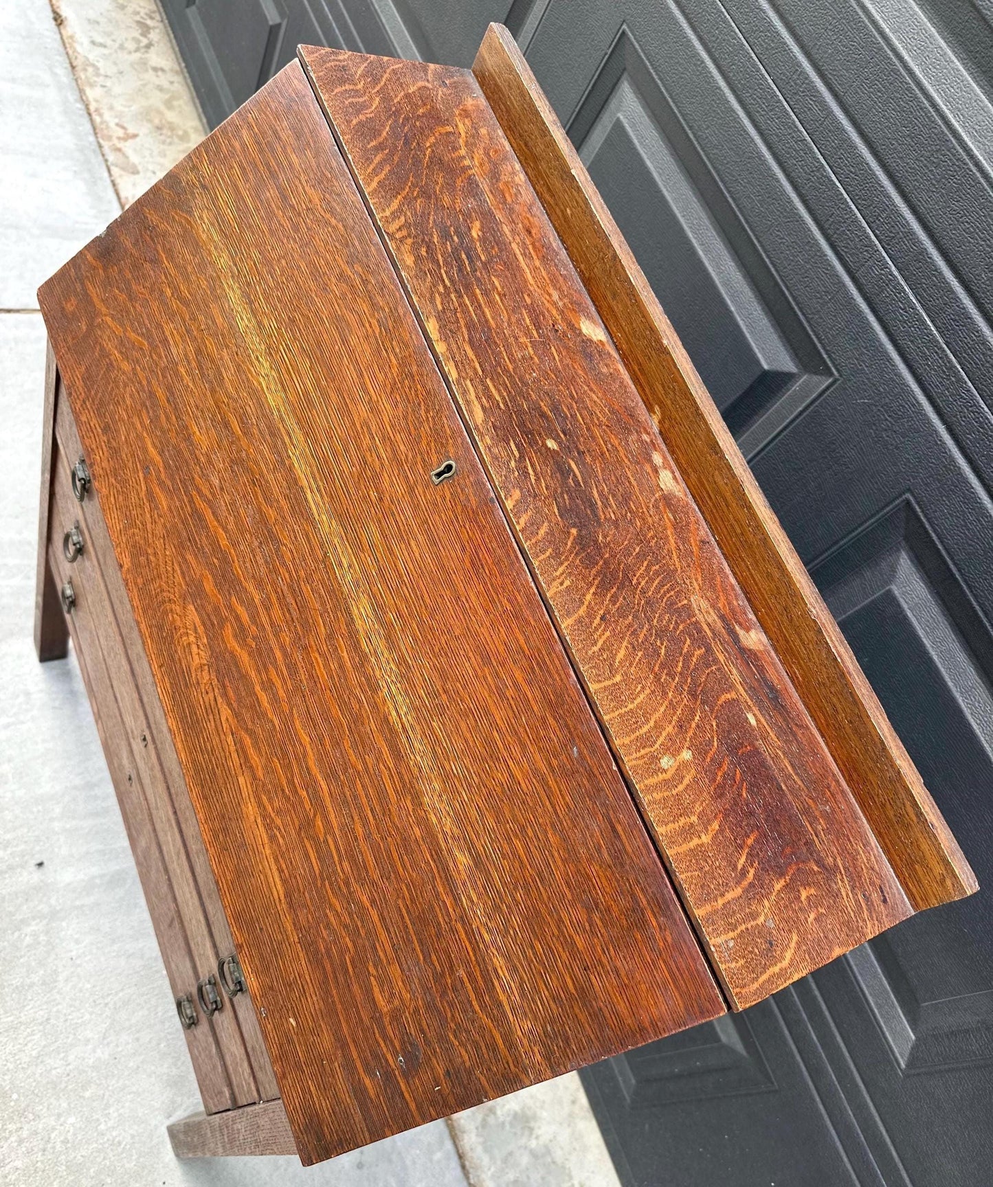 Vintage Early 20th Century Quarter Sawn Oak Drop Front Desk with Drawers - Solid Wood Accent Chest with Ring Pulls