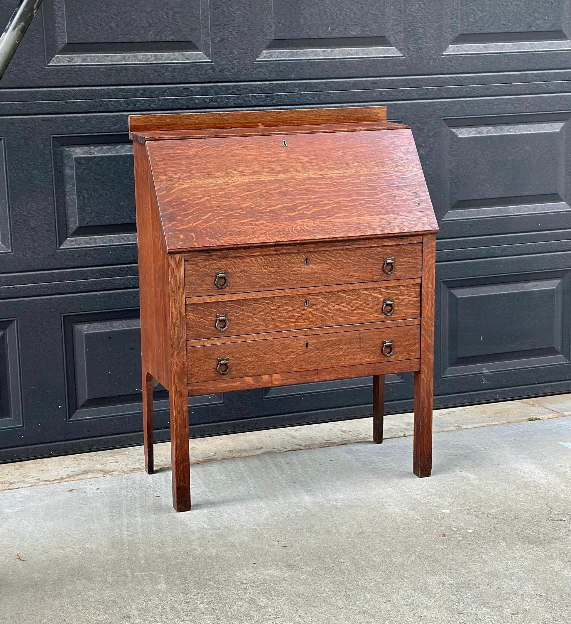 Vintage Early 20th Century Quarter Sawn Oak Drop Front Desk with Drawers - Solid Wood Accent Chest with Ring Pulls