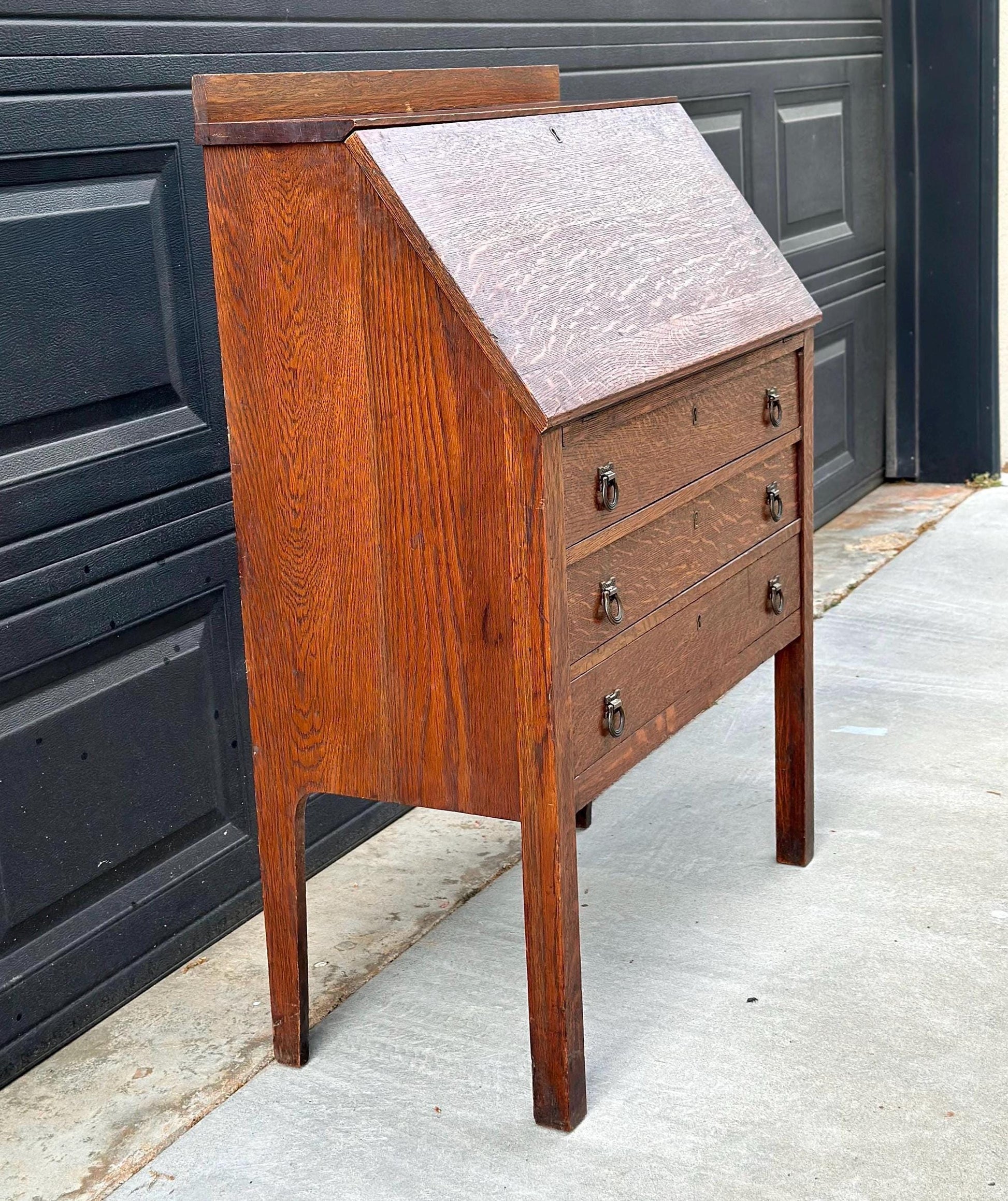 Vintage Early 20th Century Quarter Sawn Oak Drop Front Desk with Drawers - Solid Wood Accent Chest with Ring Pulls