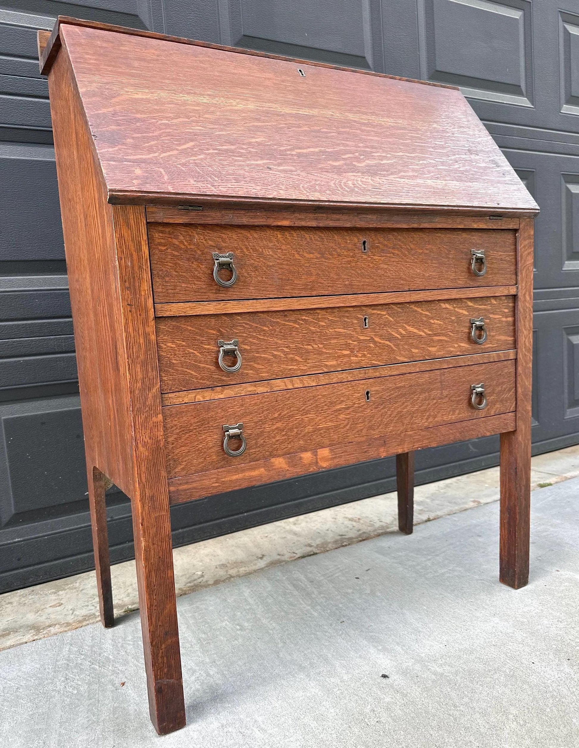 Vintage Early 20th Century Quarter Sawn Oak Drop Front Desk with Drawers - Solid Wood Accent Chest with Ring Pulls