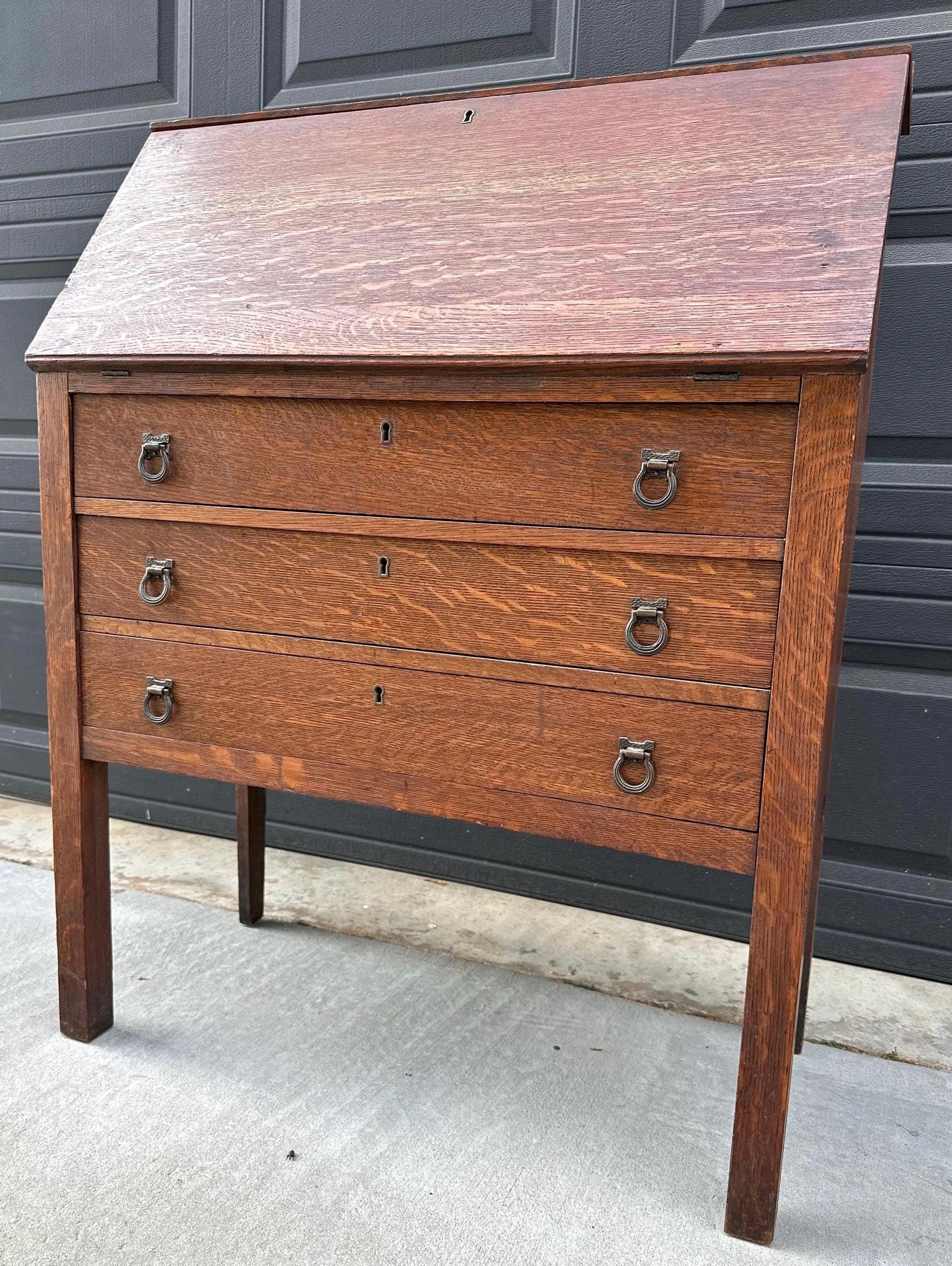Vintage Early 20th Century Quarter Sawn Oak Drop Front Desk with Drawers - Solid Wood Accent Chest with Ring Pulls