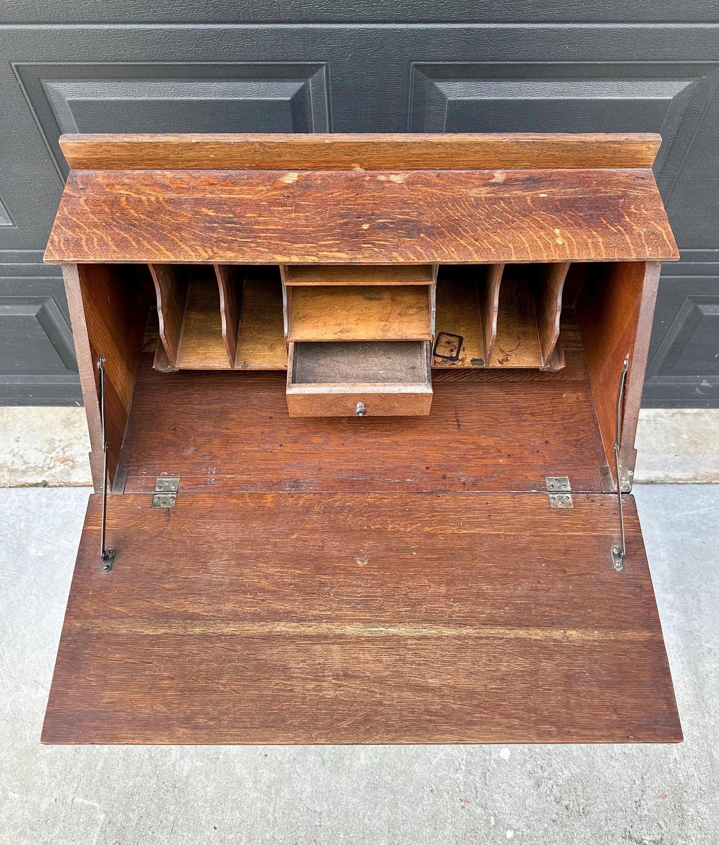 Vintage Early 20th Century Quarter Sawn Oak Drop Front Desk with Drawers - Solid Wood Accent Chest with Ring Pulls