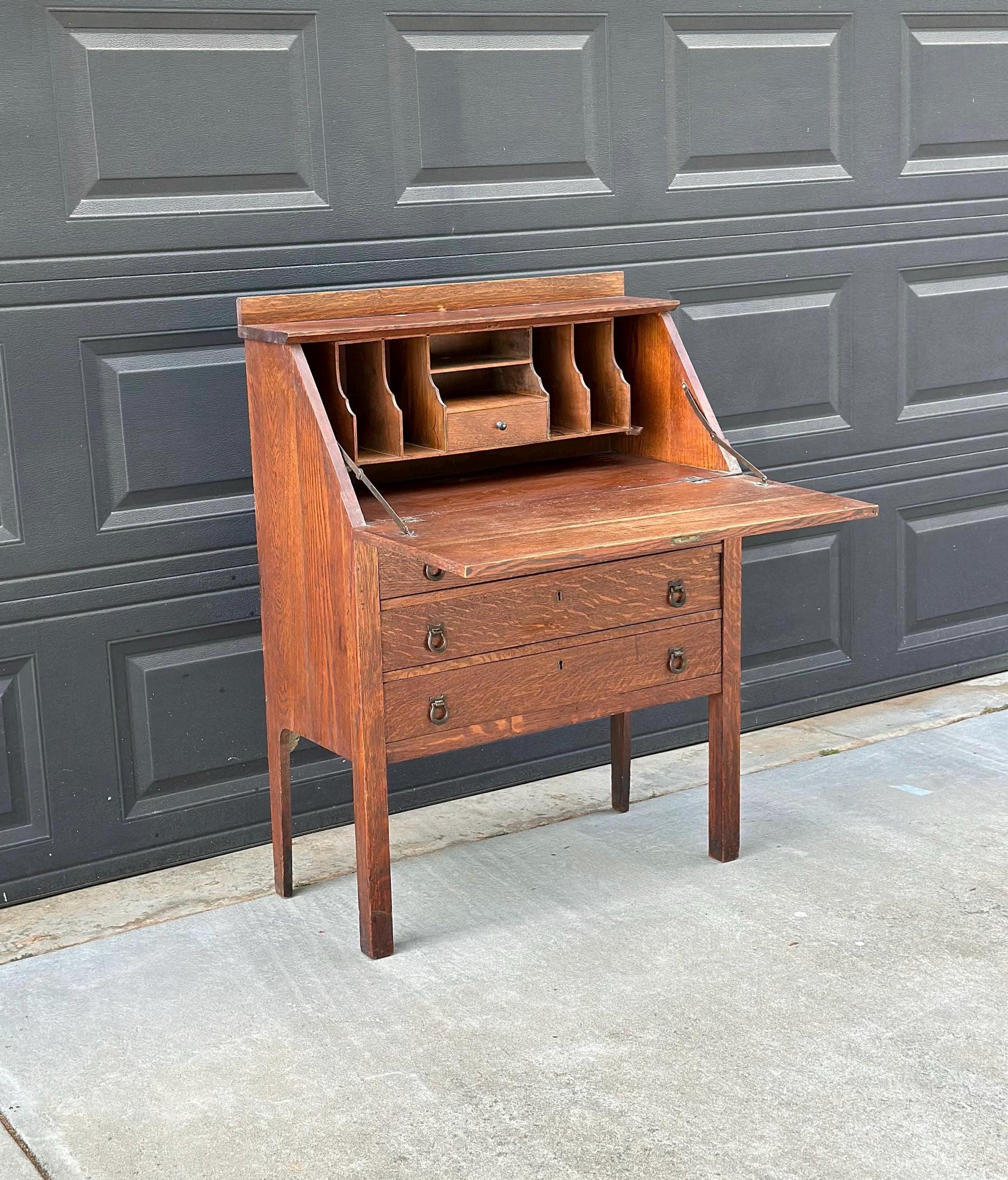 Vintage Early 20th Century Quarter Sawn Oak Drop Front Desk with Drawers - Solid Wood Accent Chest with Ring Pulls