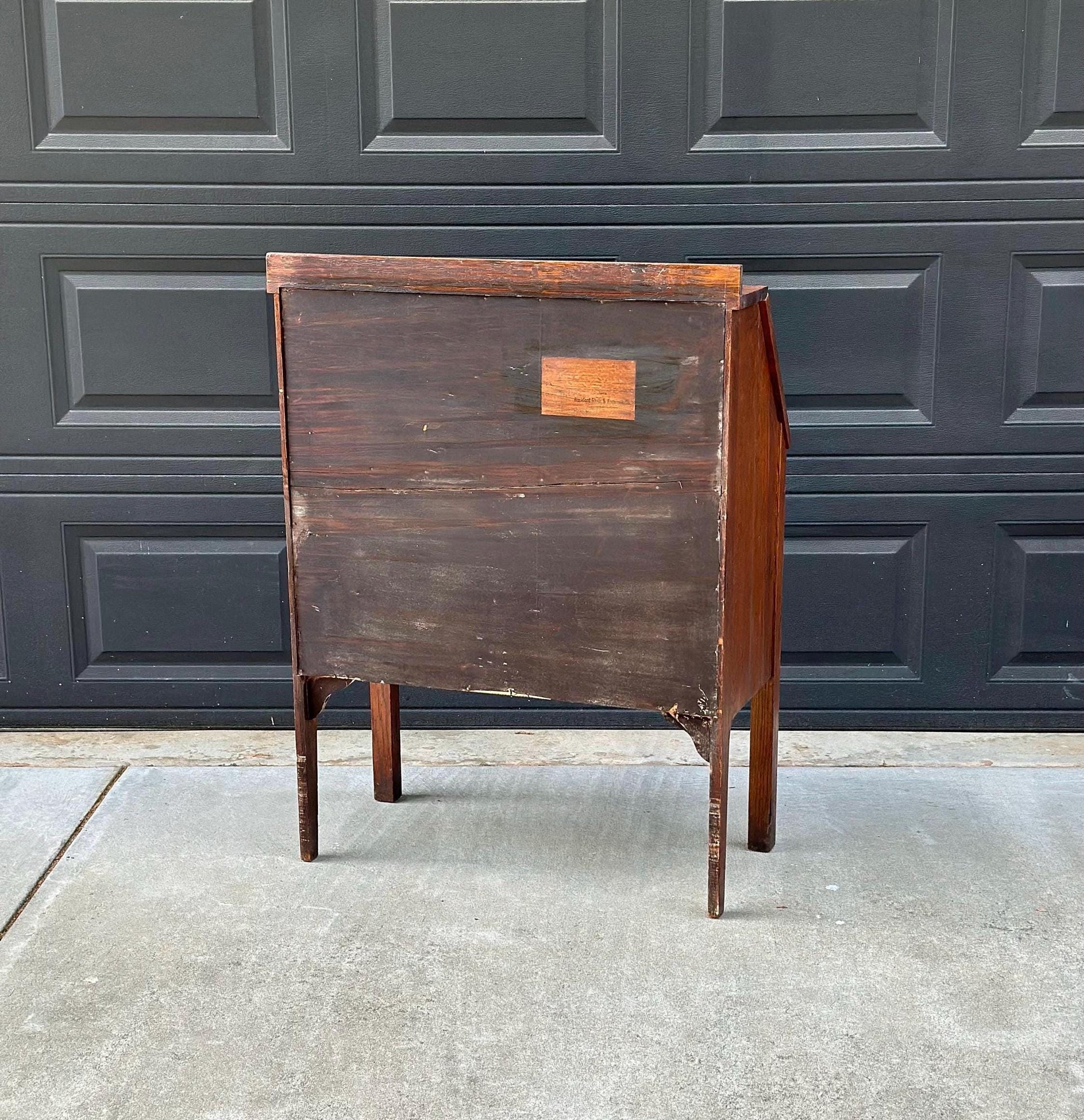 Vintage Early 20th Century Quarter Sawn Oak Drop Front Desk with Drawers - Solid Wood Accent Chest with Ring Pulls