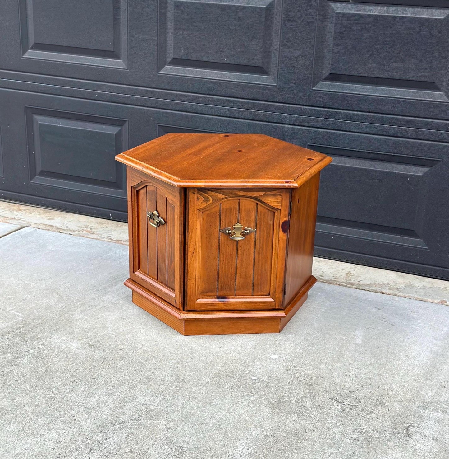Vintage Mid Century Hexagonal Solid Pine Wood End Table with Cabinet 24" Wide