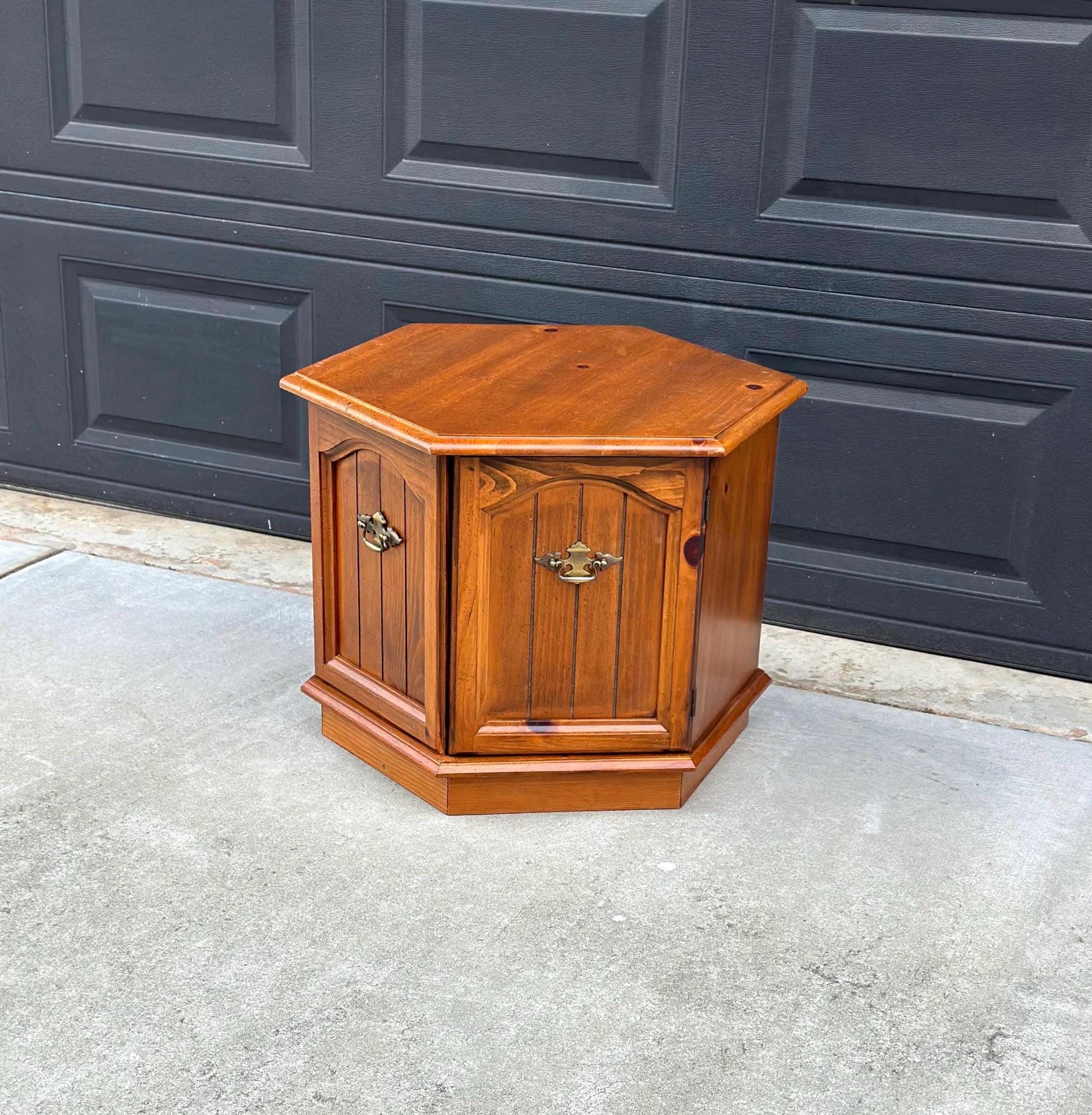 Vintage Mid Century Hexagonal Solid Pine Wood End Table with Cabinet 24" Wide