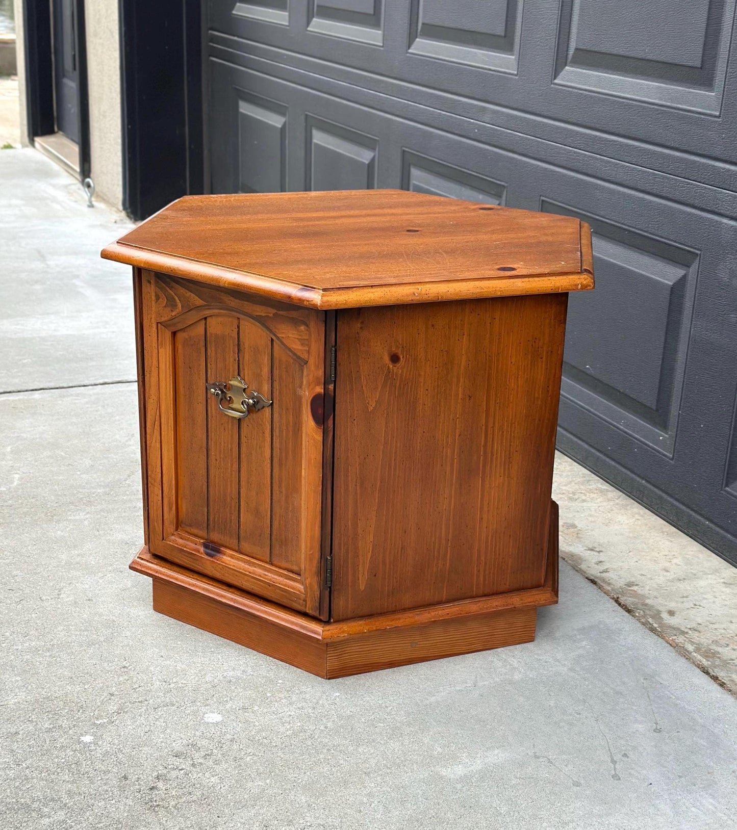 Vintage Mid Century Hexagonal Solid Pine Wood End Table with Cabinet 24" Wide