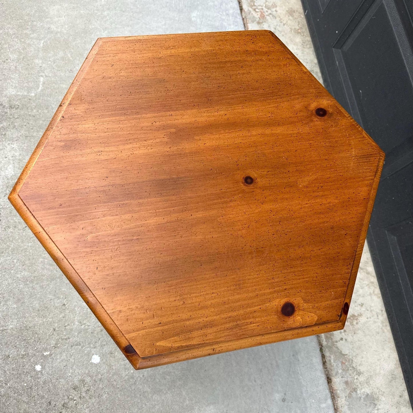 Vintage Mid Century Hexagonal Solid Pine Wood End Table with Cabinet 24" Wide