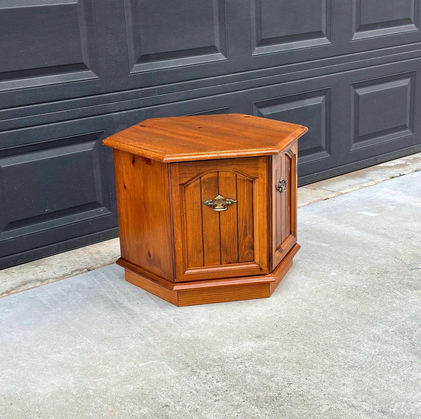 Vintage Mid Century Hexagonal Solid Pine Wood End Table with Cabinet 24" Wide