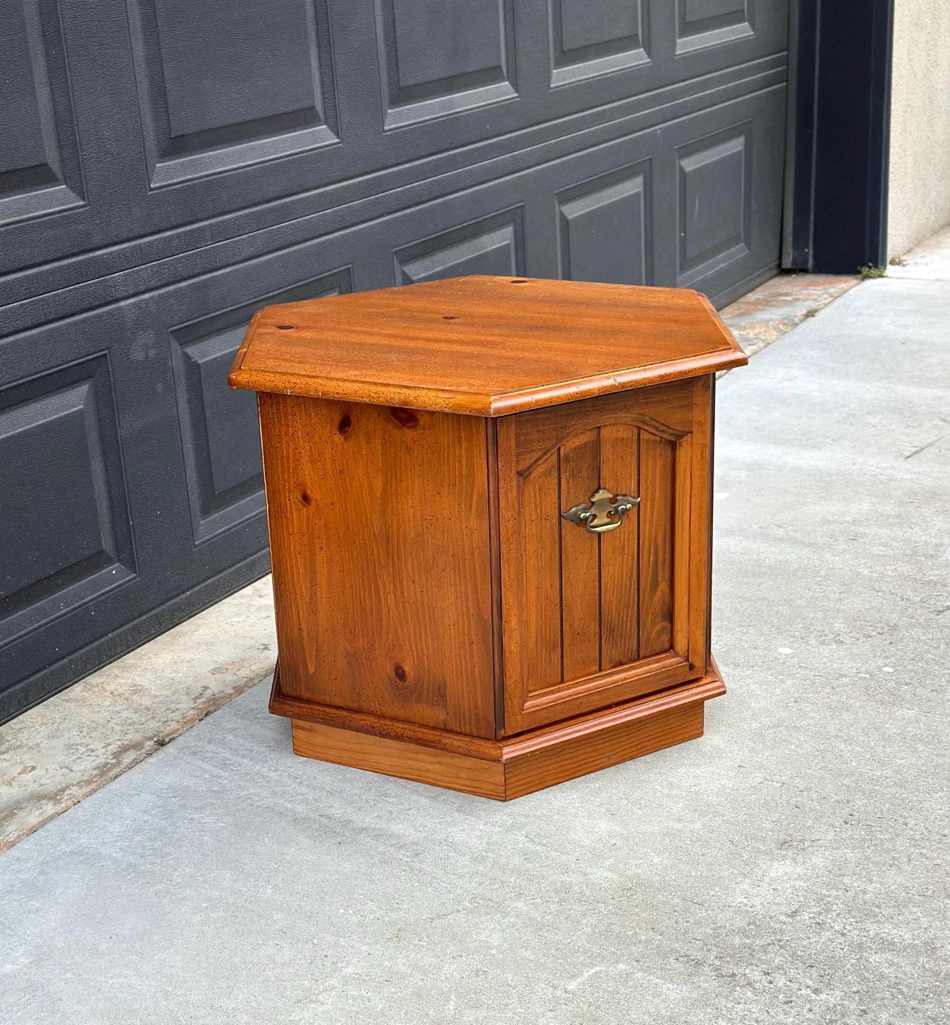 Vintage Mid Century Hexagonal Solid Pine Wood End Table with Cabinet 24" Wide