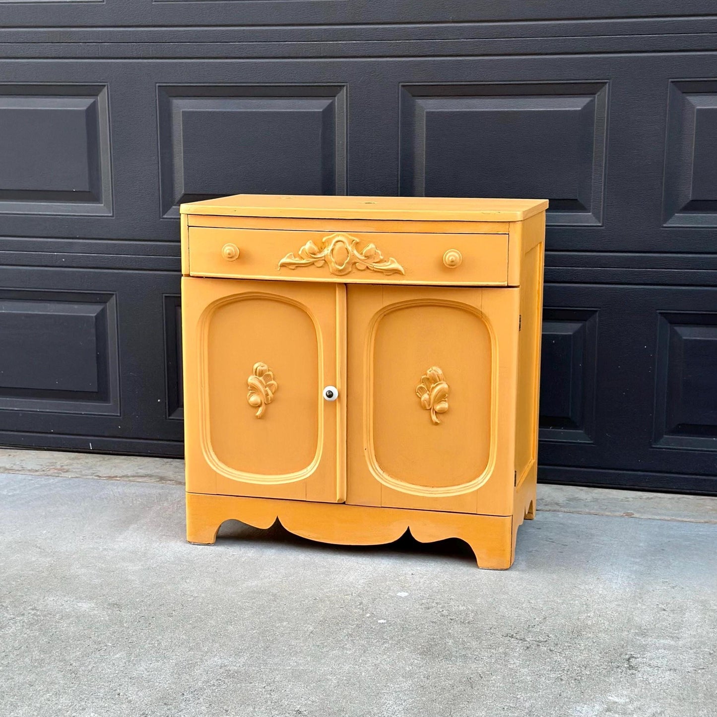 Vintage Early 20th Century Yellow Painted Solid Wood Sink Vanity Cabinet - Installation Ready