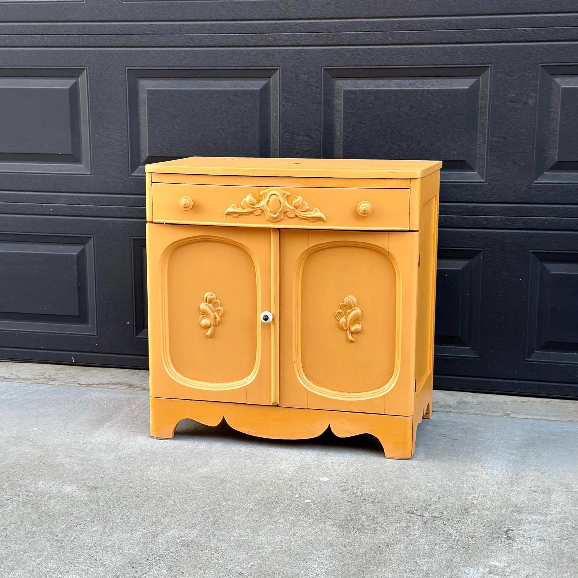 Vintage Early 20th Century Yellow Painted Solid Wood Sink Vanity Cabinet - Installation Ready