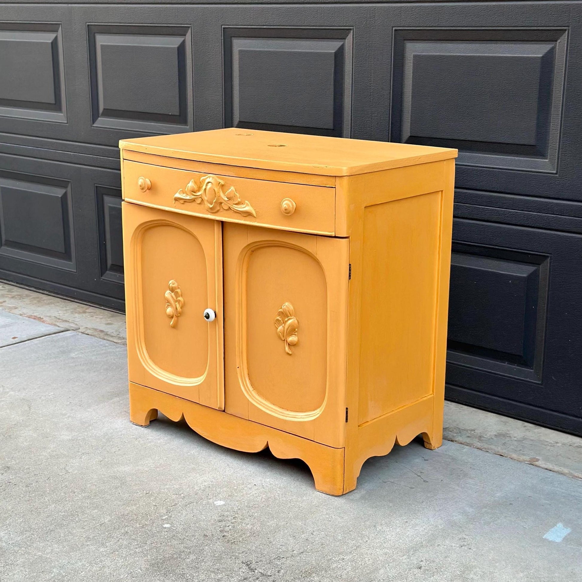 Vintage Early 20th Century Yellow Painted Solid Wood Sink Vanity Cabinet - Installation Ready