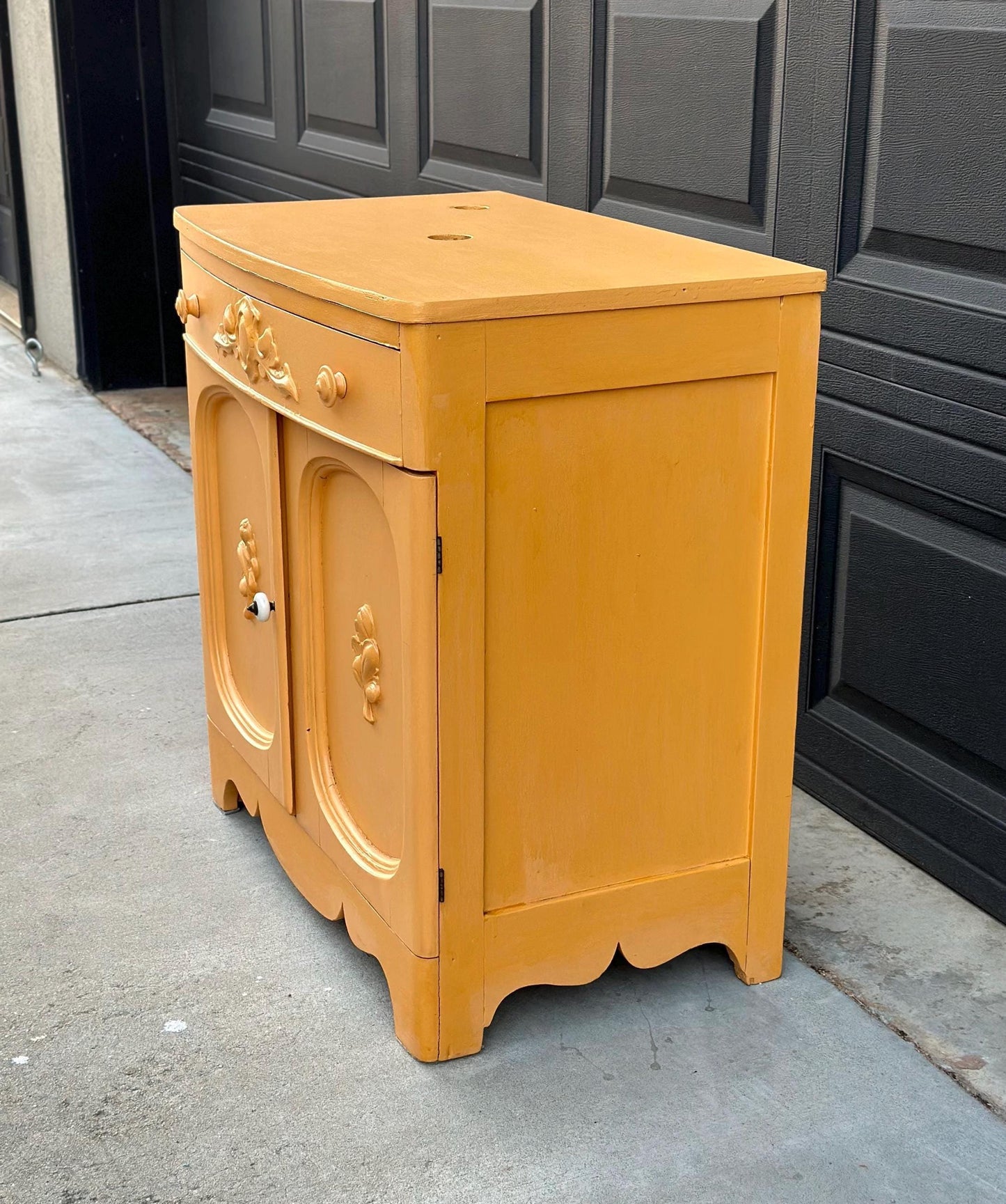 Vintage Early 20th Century Yellow Painted Solid Wood Sink Vanity Cabinet - Installation Ready