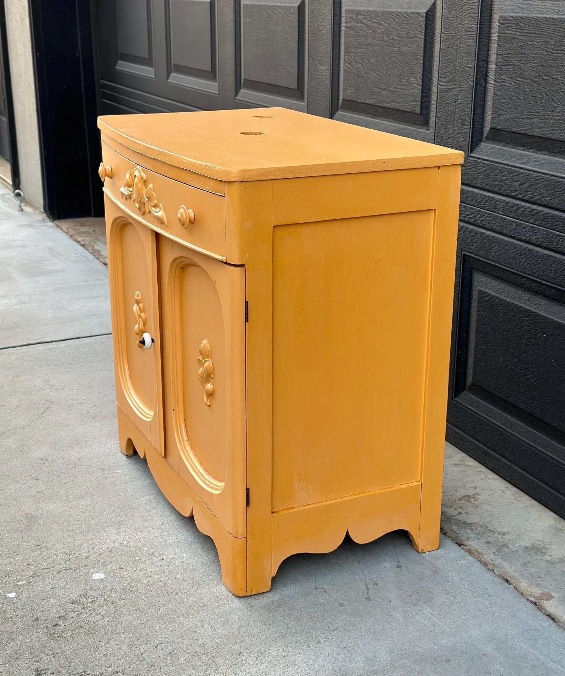 Vintage Early 20th Century Yellow Painted Solid Wood Sink Vanity Cabinet - Installation Ready