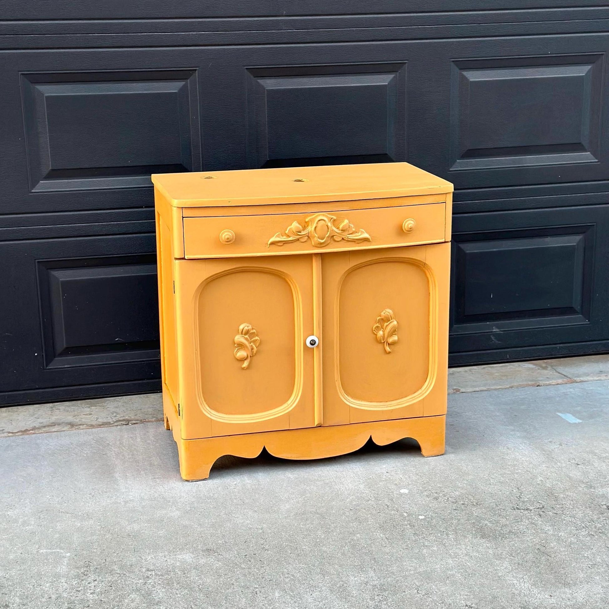 Vintage Early 20th Century Yellow Painted Solid Wood Sink Vanity Cabinet - Installation Ready