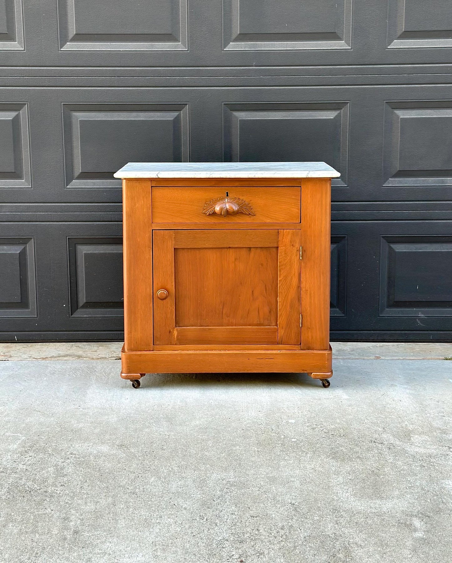 Antique Late 19th C Solid Maple Wood & Marble Eastlake Washstand Cabinet on Casters