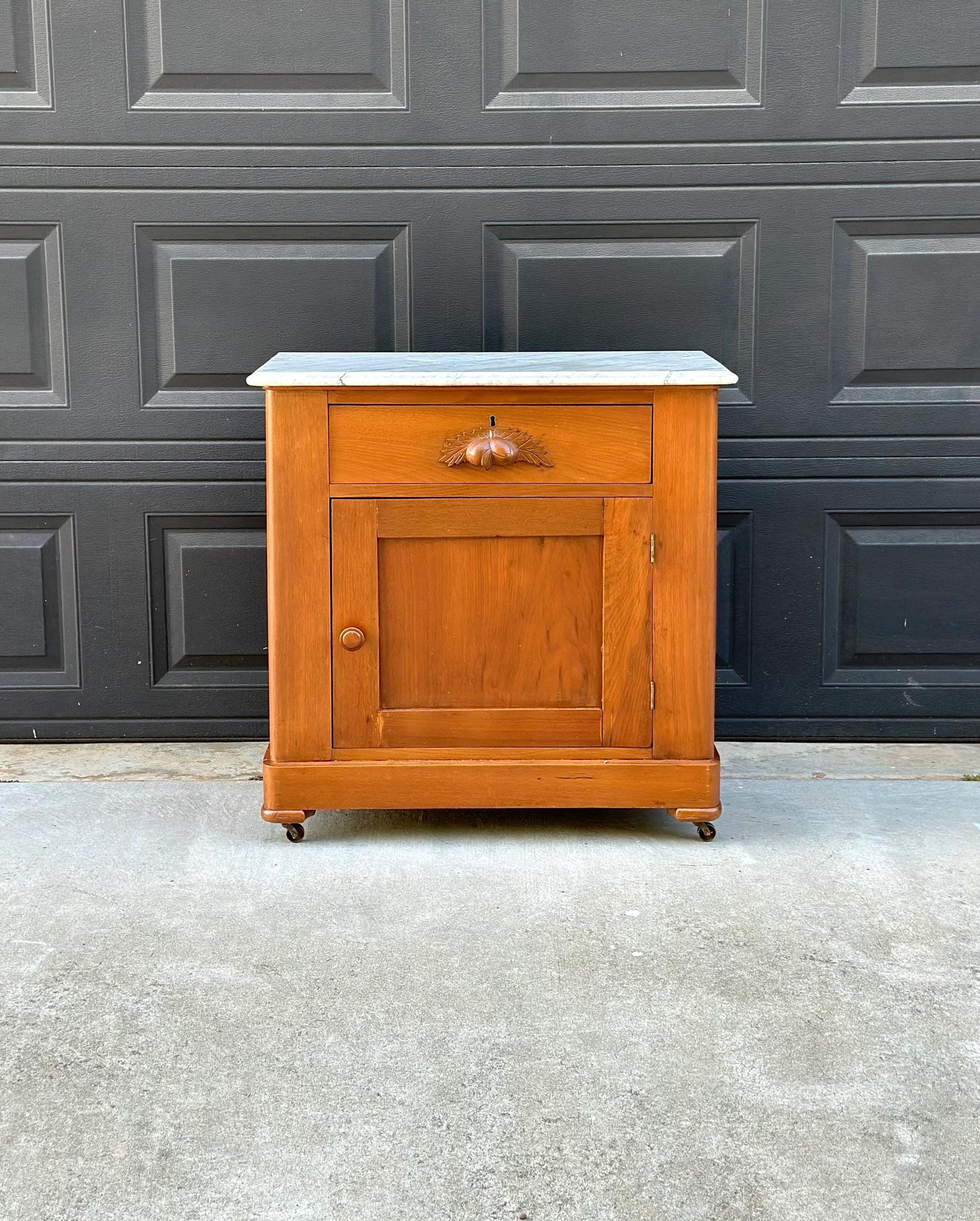 Antique Late 19th C Solid Maple Wood & Marble Eastlake Washstand Cabinet on Casters