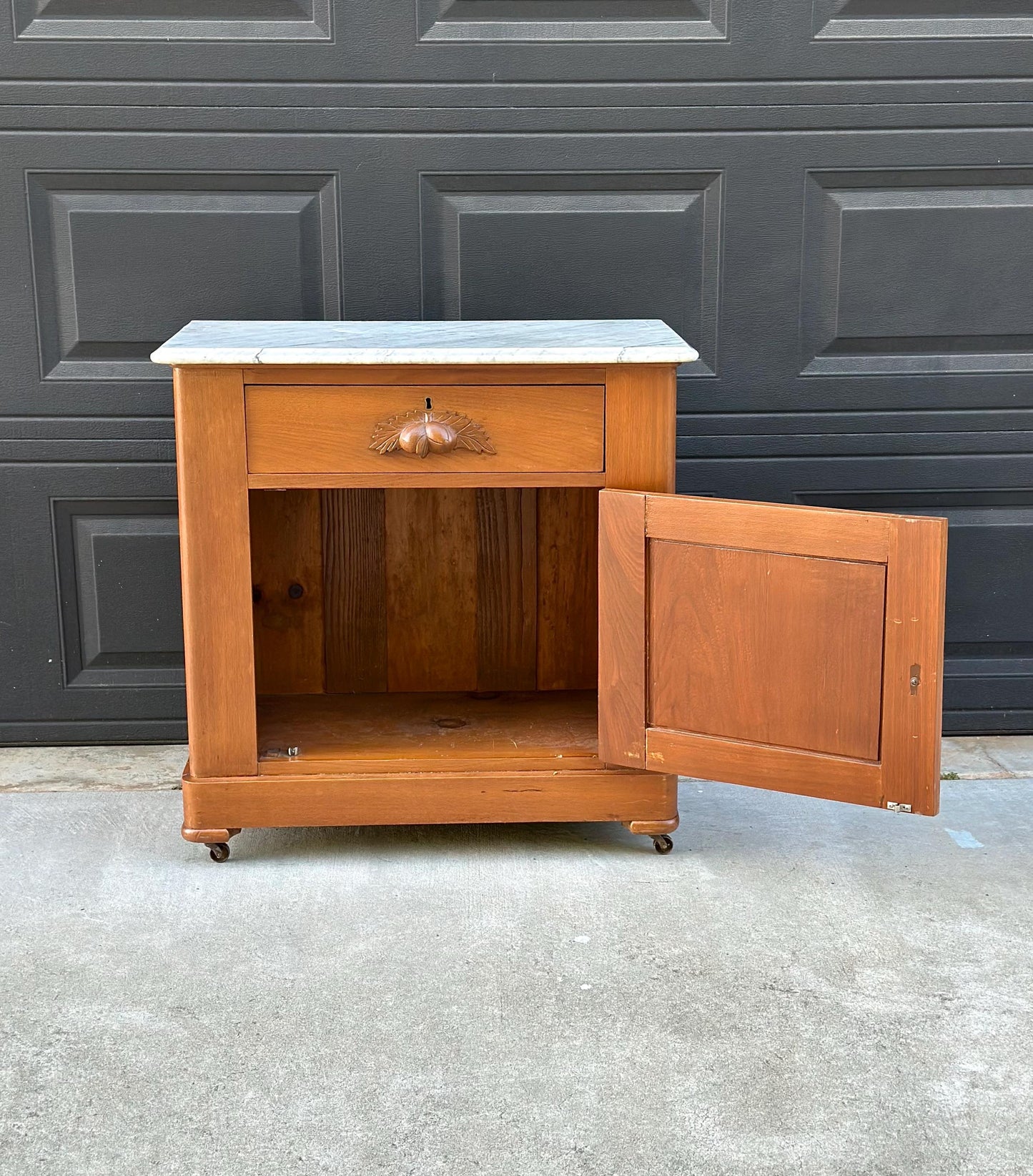 Antique Late 19th C Solid Maple Wood & Marble Eastlake Washstand Cabinet on Casters
