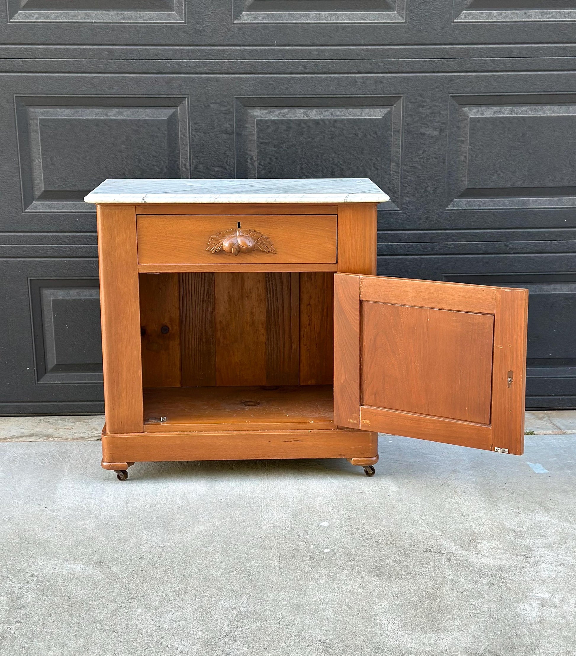 Antique Late 19th C Solid Maple Wood & Marble Eastlake Washstand Cabinet on Casters