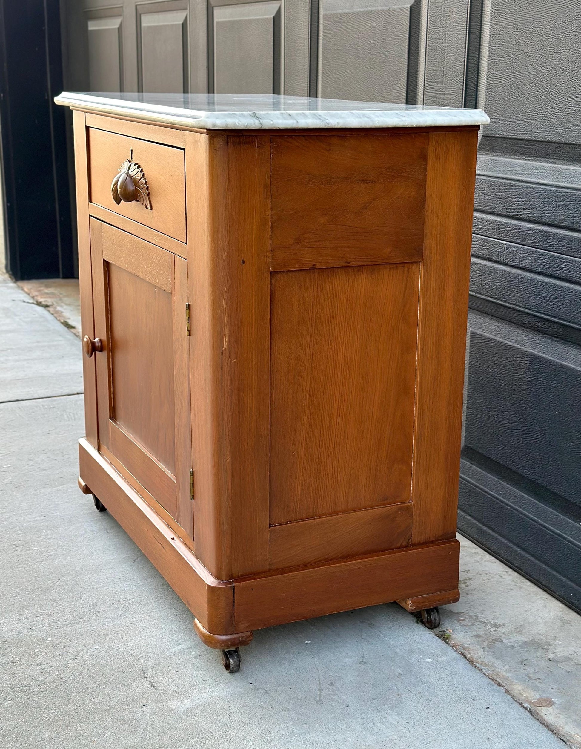 Antique Late 19th C Solid Maple Wood & Marble Eastlake Washstand Cabinet on Casters