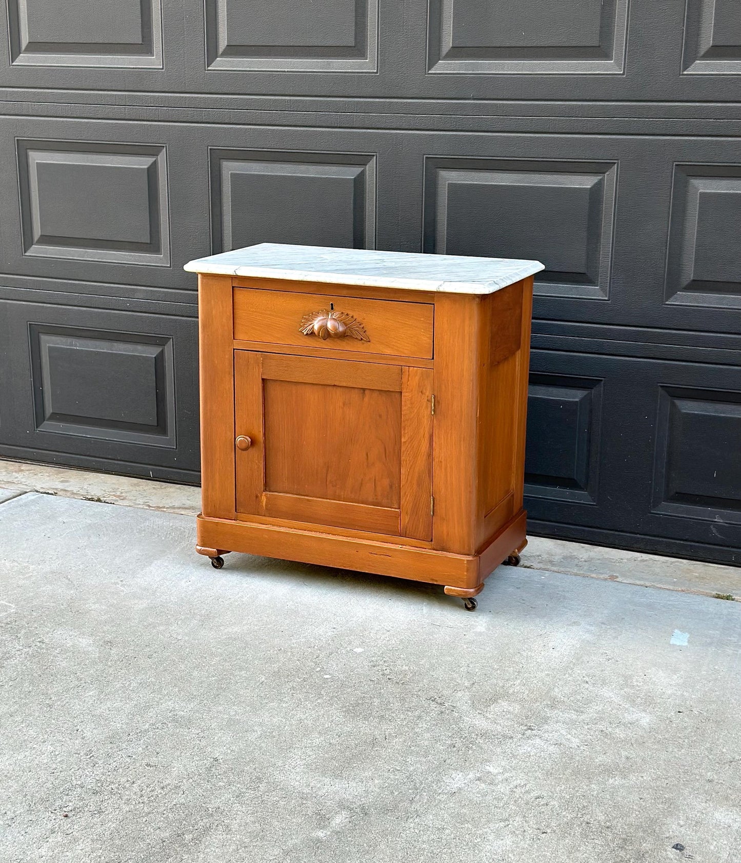 Antique Late 19th C Solid Maple Wood & Marble Eastlake Washstand Cabinet on Casters