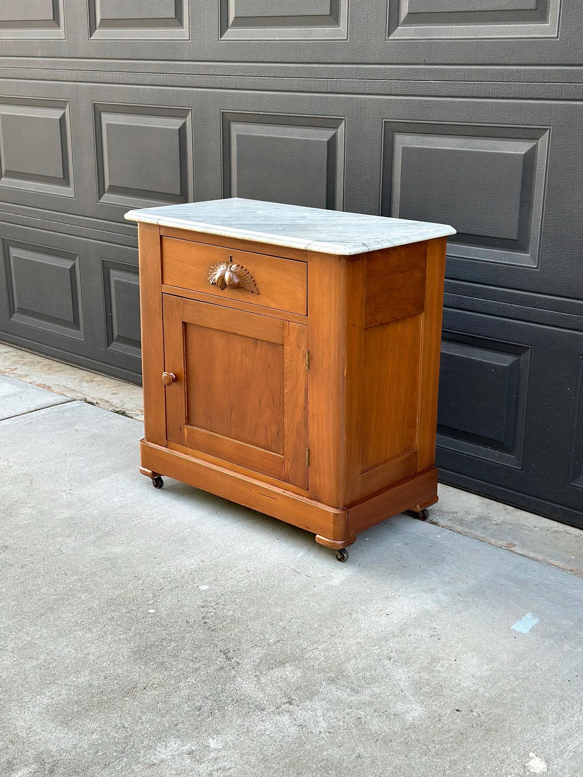 Antique Late 19th C Solid Maple Wood & Marble Eastlake Washstand Cabinet on Casters