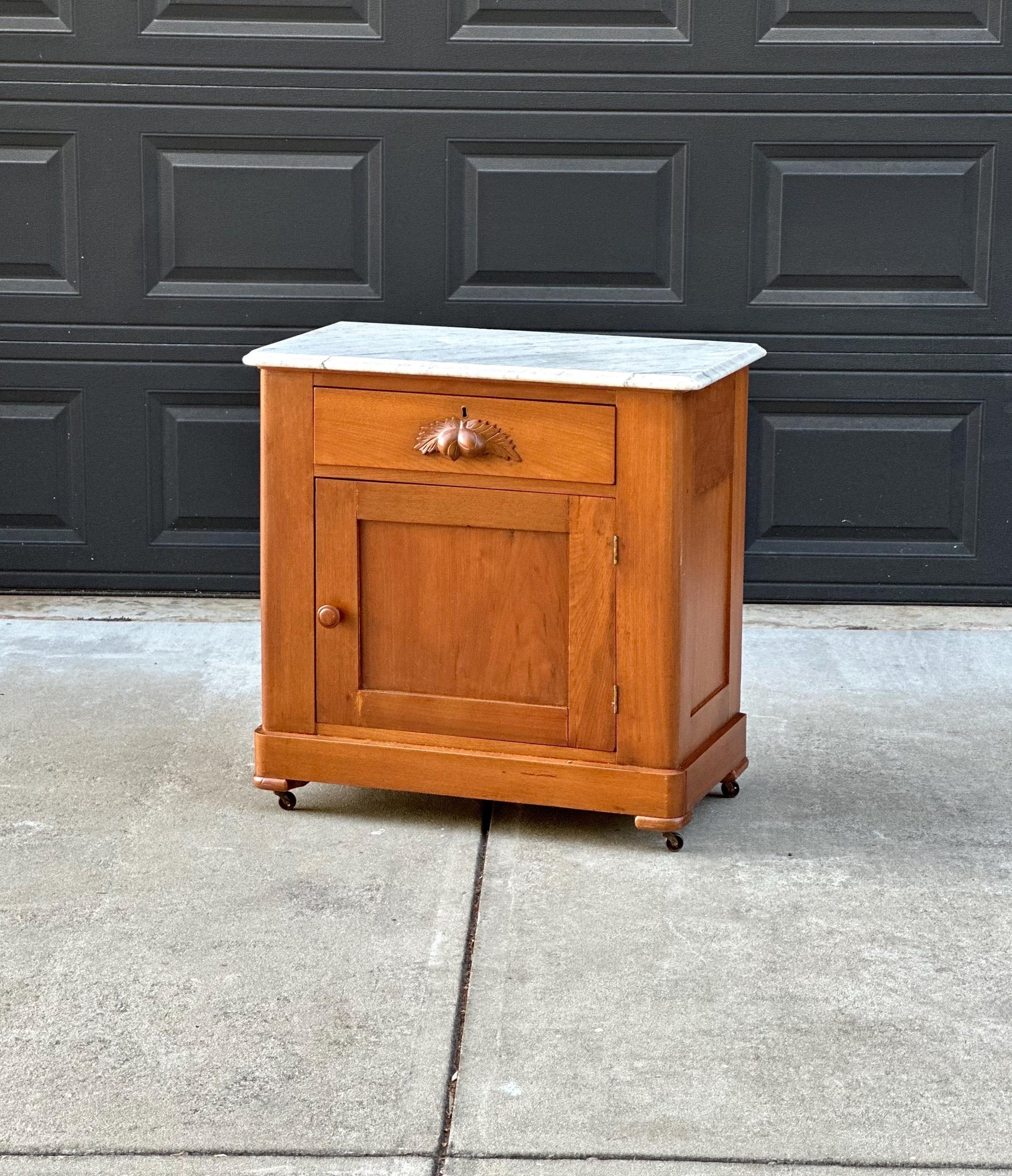Antique Late 19th C Solid Maple Wood & Marble Eastlake Washstand Cabinet on Casters